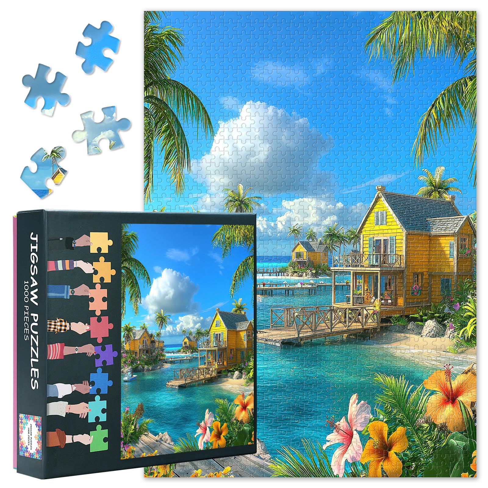 1000 Piece Puzzle for Adults Beach House Puzzle Home Wall Decoration Cottage By The Sea Jigsaw Puzzles Family Challenge Game Suitable for Game Nights Gifts for Family and Friends Size: 50x70cm