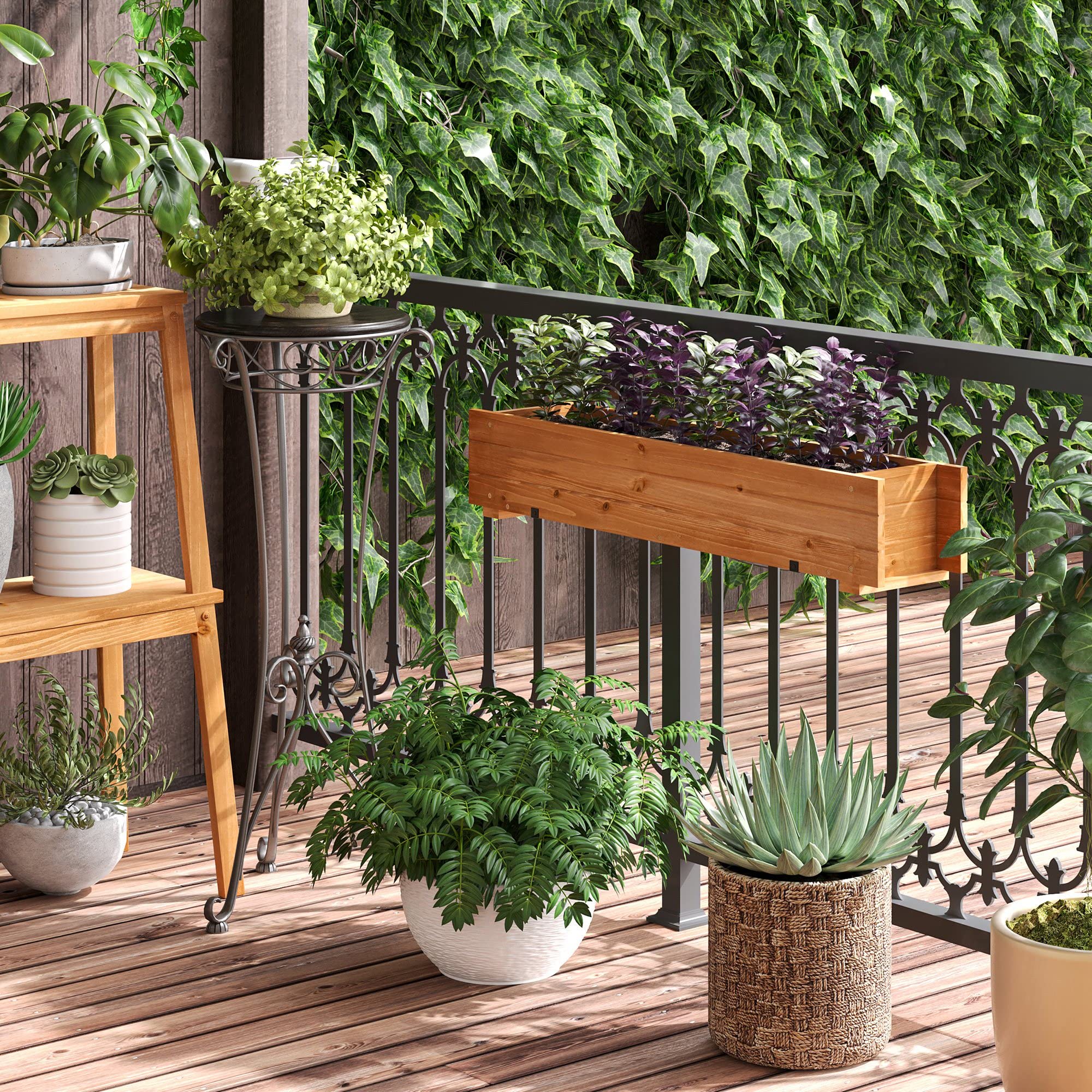 Outsunny Arriate de Madera de Suelo o Pared Jardinera Rectangular Huerto Urbano con 2 Orificios de Drenaje y 2 Ganchos para Cultivos Plantas Flores en Balcón Jardín Terraza 91x18x16,5 cm Natural