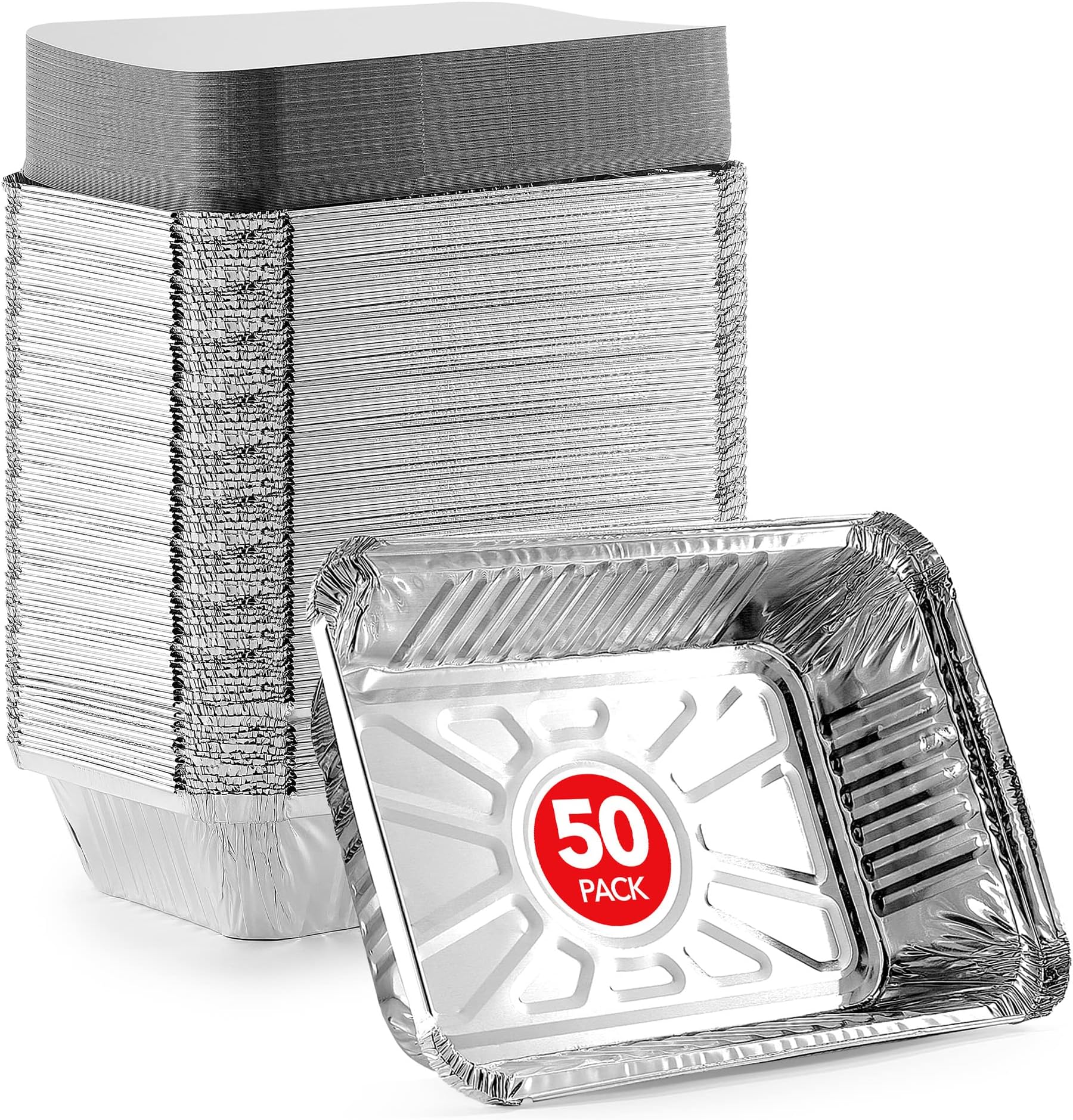 Aluminum Pans Take Out Containers with Lids (50 Pack) 2 Lb Disposable Aluminum Foil Oblong Pans with Cardboard Covers - To Go Food Storage Containers for Baking, Meal Prep, Takeout and Freezer