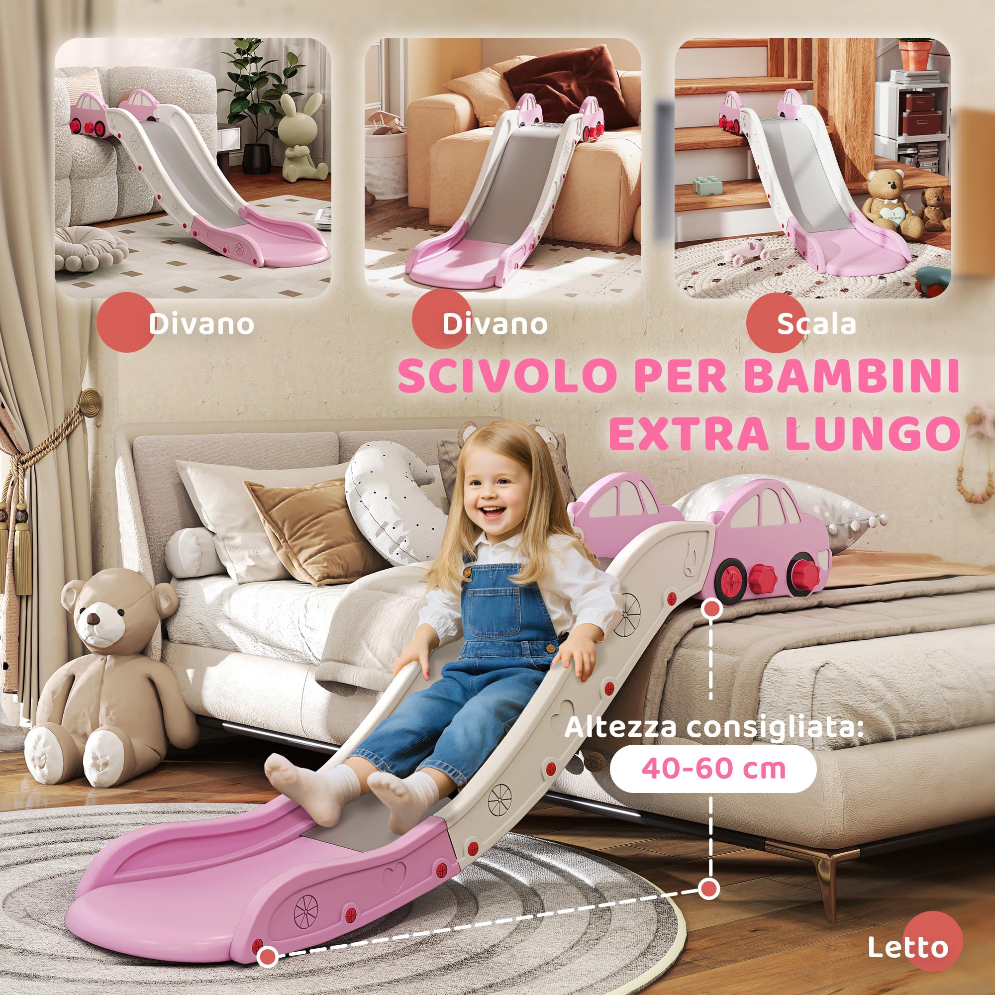 AIYAPLAY Scivolo per Bambini in HDPE con Zona di Ammortizzazione Integrata, 175x43x73 cm, per Divani, Letti e Superfici Alte 40-60 cm, Età 18-48 Mesi, Carico Massimo 30kg, Rosa