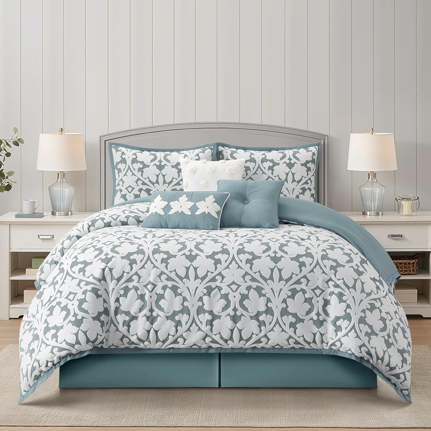 Grand Avenue 7 Piece White Grey Comforter Set, King Size Jacquard Bedding Set, All Season Floral Leaves Bedding, Matching Pillows, Shams, Bed Skirt
