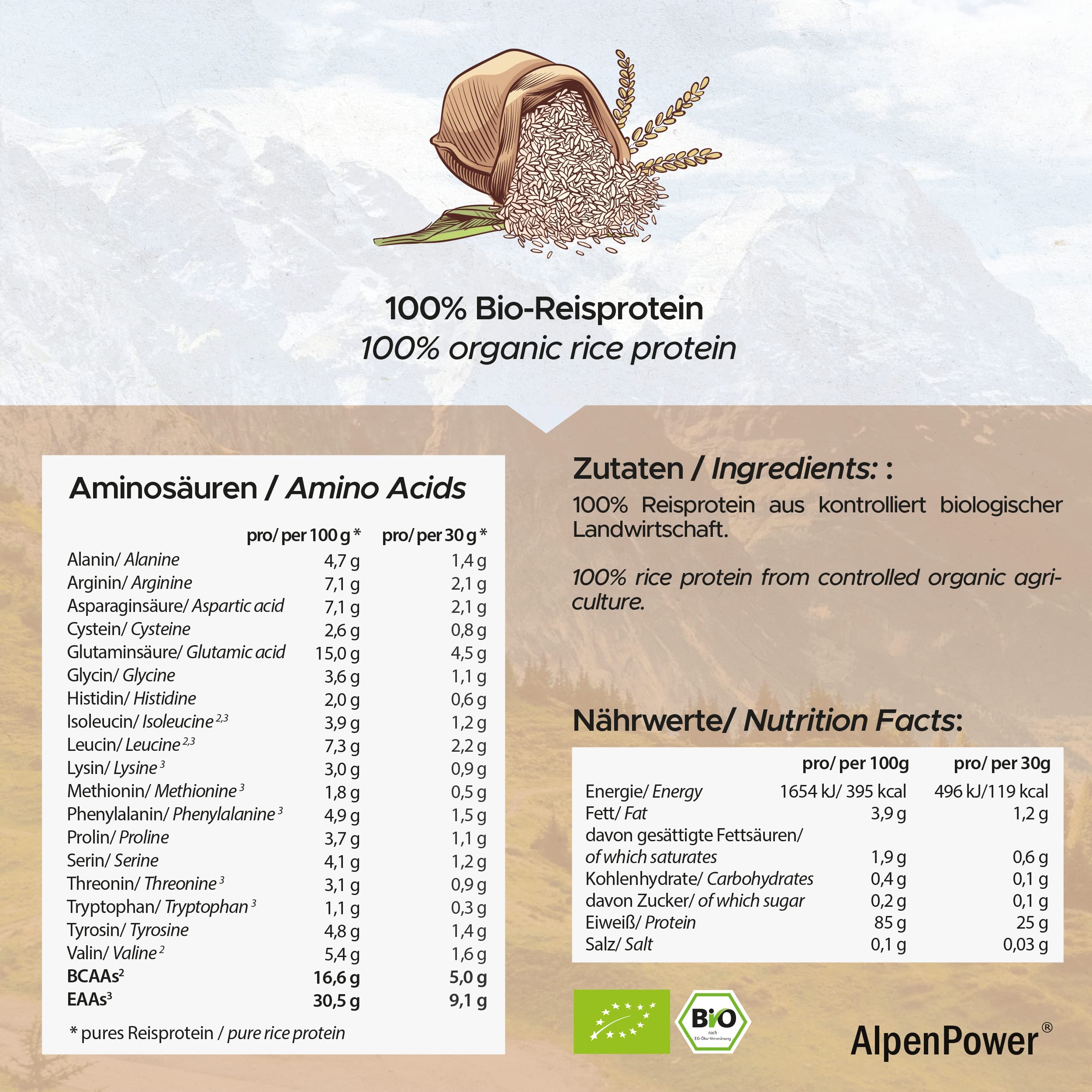 AlpenPower BIO REISPROTEIN 600 g - 100% reines Reisprotein-Isolat ohne Zusatzstoffe - Hochwertiges veganes Eiweiß-Pulver mit 85% Protein -Vielseitig anwendbar