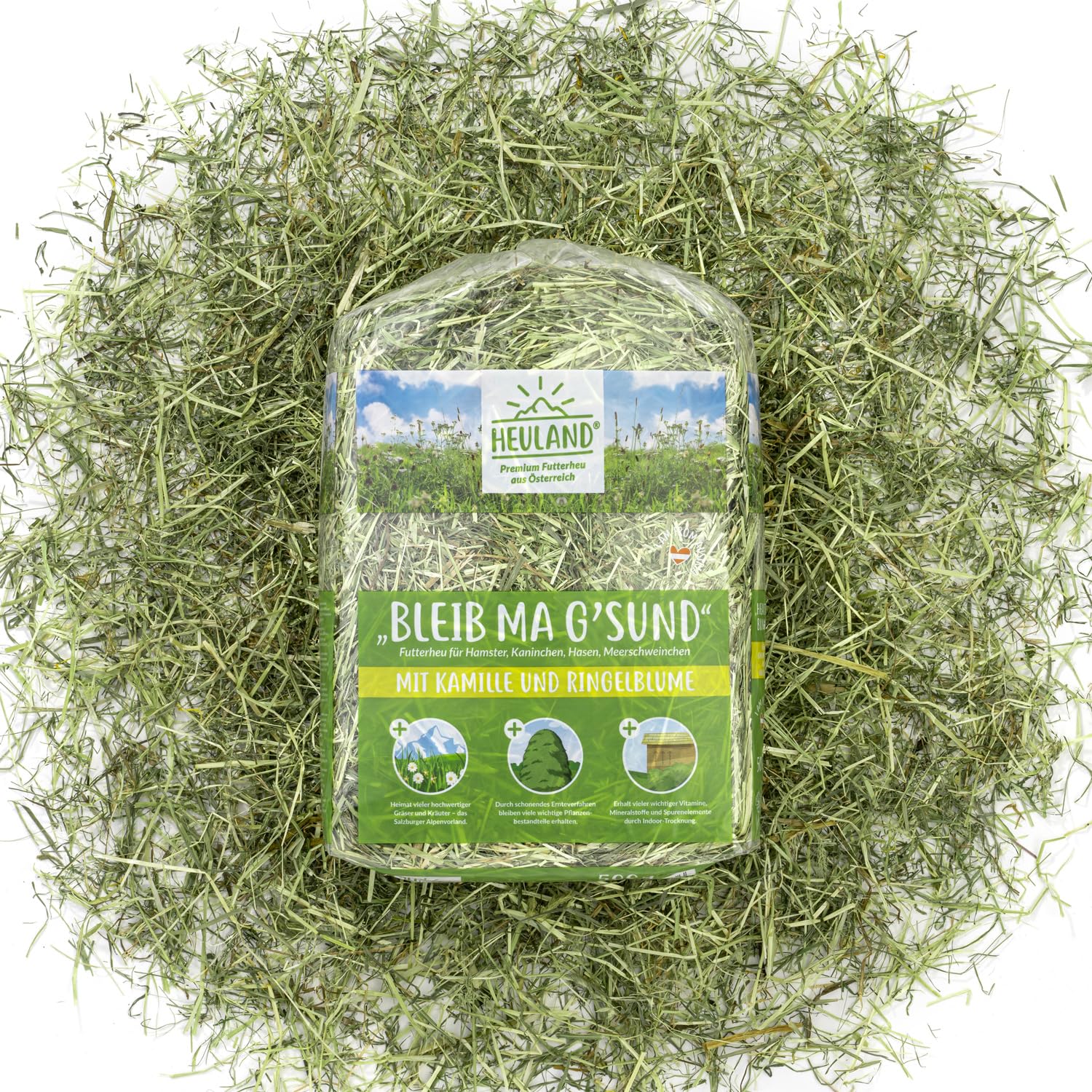 HEULAND® Premium Heu Bleib ma G´sund mit Kamille und Ringelblume Frisches Bergwiesenheu für Kleintiere Kaninchen Kräuter Hamster Streu Meerschweinchen Futter Nager Zwergkaninchen Hasen (500 Gramm)