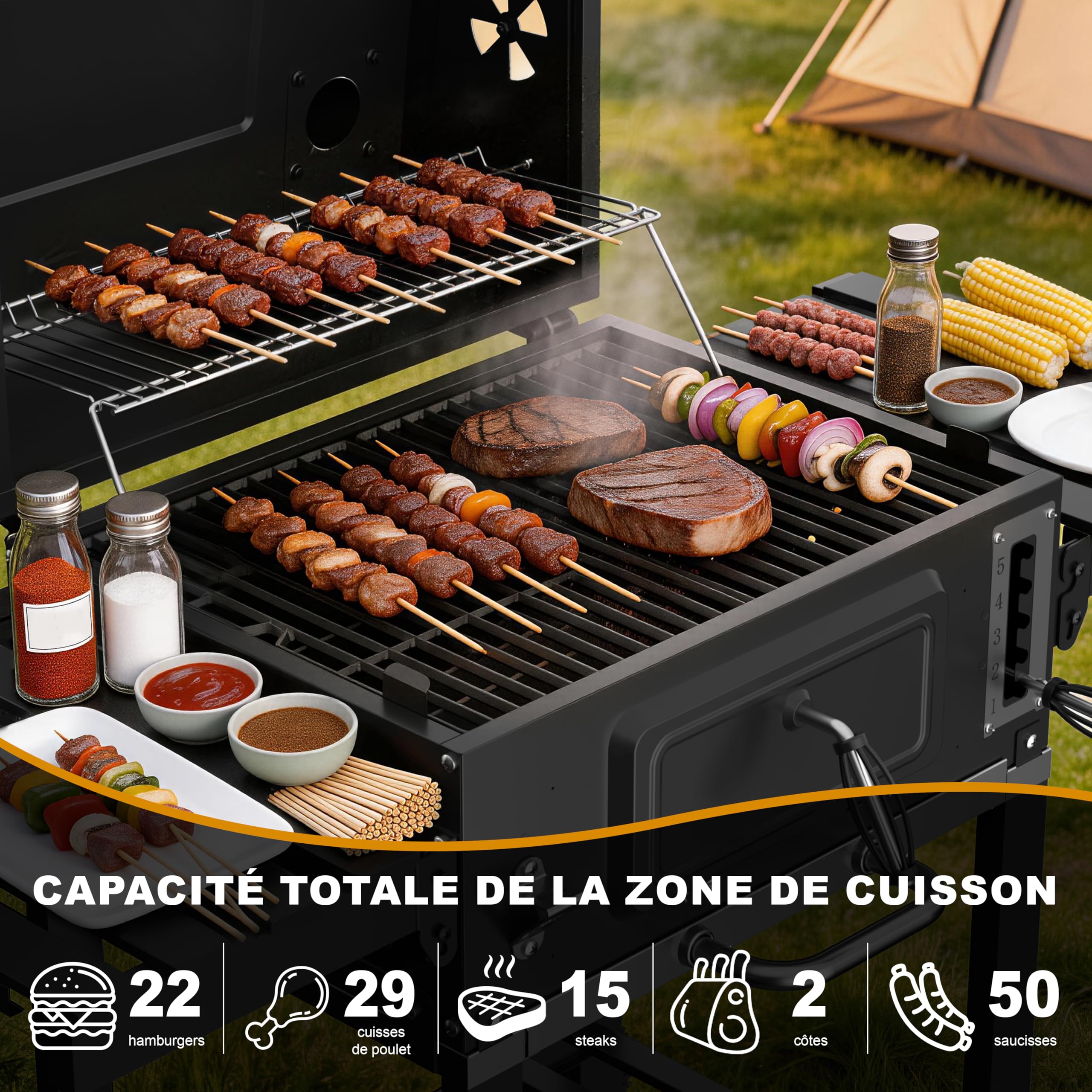 TEENO Parrilla para barbacoa de carbón XXL, control de calor de 5 niveles, con guantes y pinzas, mesas laterales plegables, termómetro, estante de calentamiento y ruedas para fiestas al aire libre