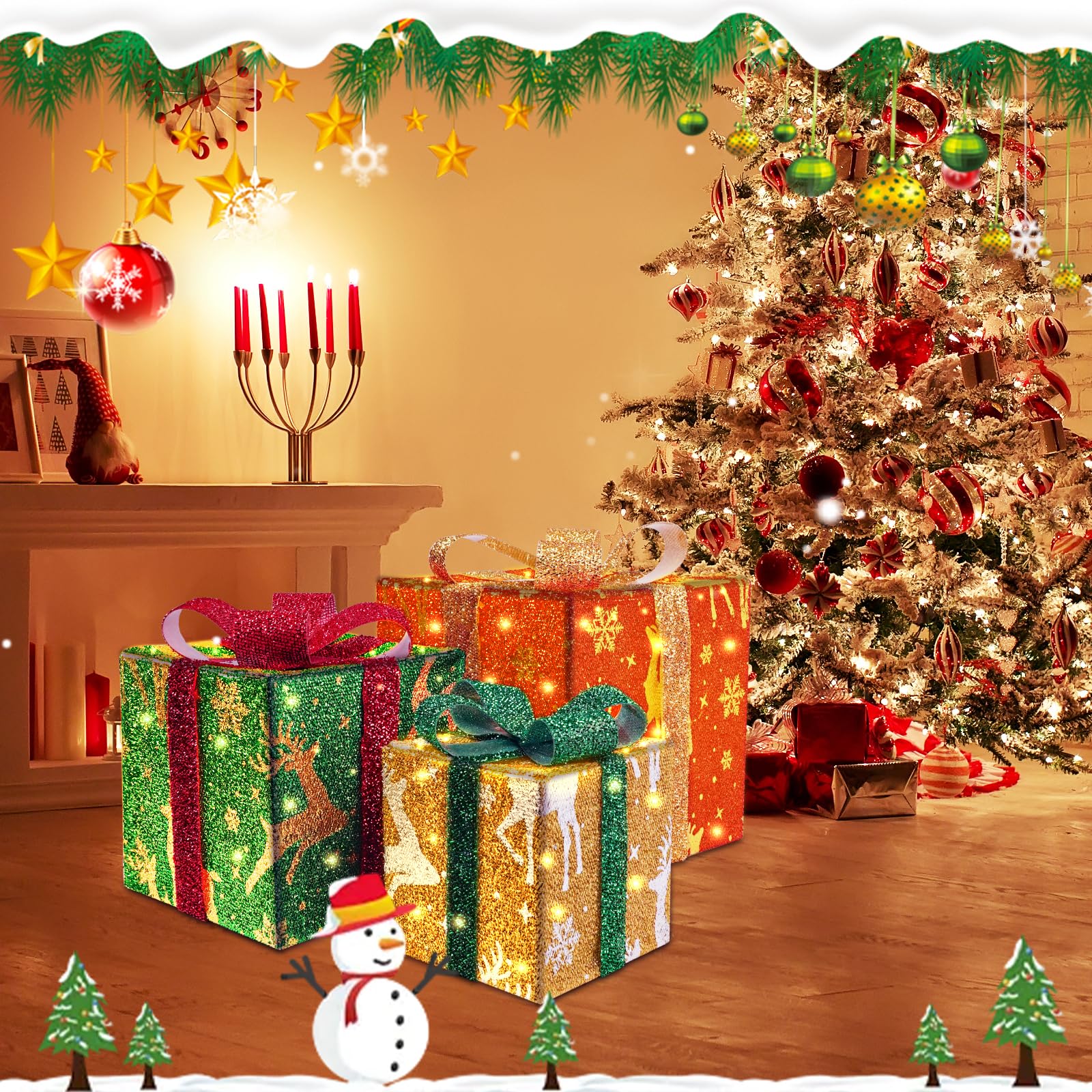 Robofun Boîte Cadeaux Lumineuse de Noël, Lot de 3 Boîte Cadeaux Lumineuse de Noël avec Noeud, Boîtes Cadeaux LED pour Decoration Noel, Intérieur et Extérieur-Rouge, Vert et Jaune