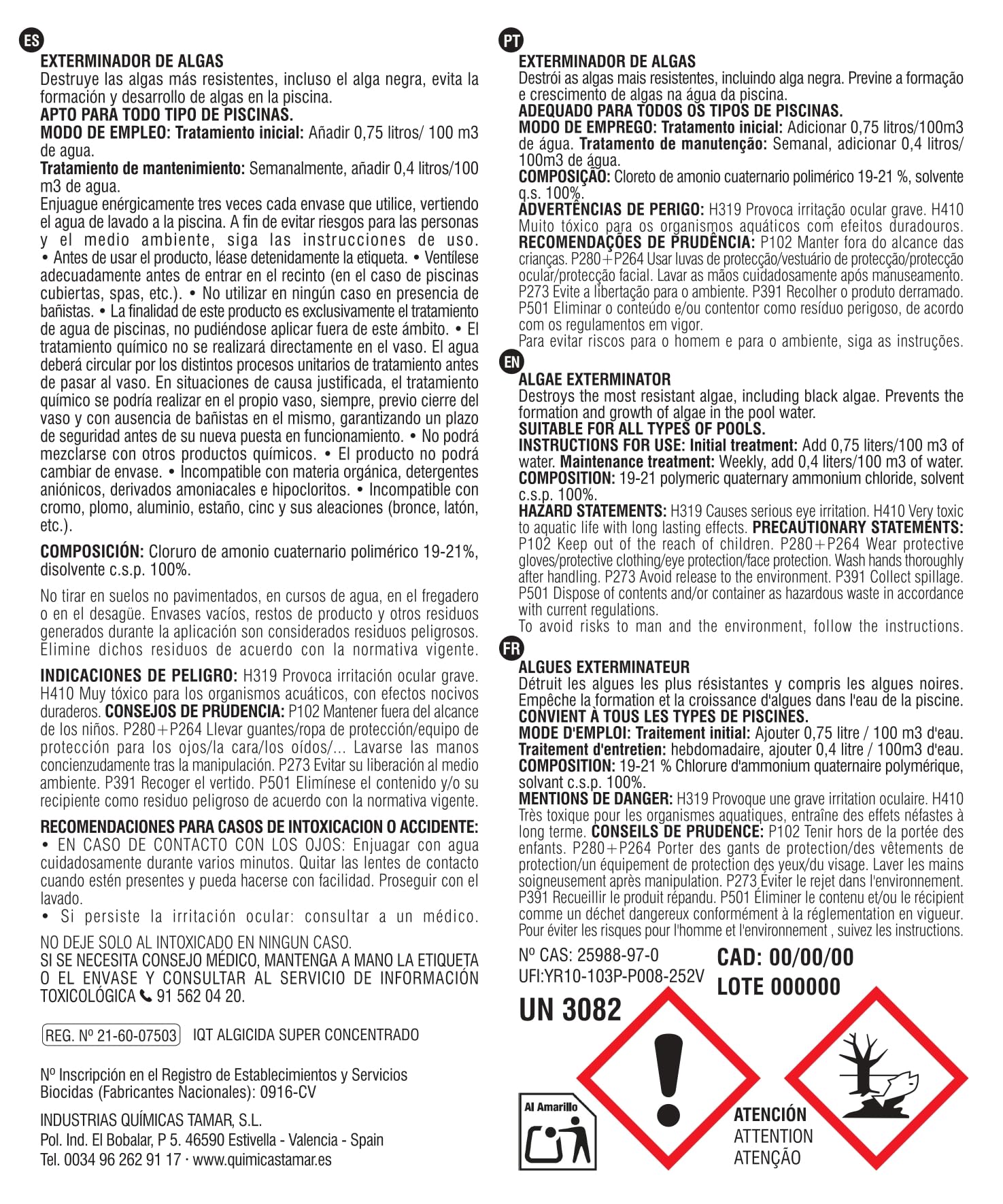 Tamar Exterminador de Algas, Mayor concentración, Elimina Alga Negra, alguicida no espumante, biocida Especial Piscinas, acción rápida, sin Cobre 5 litros