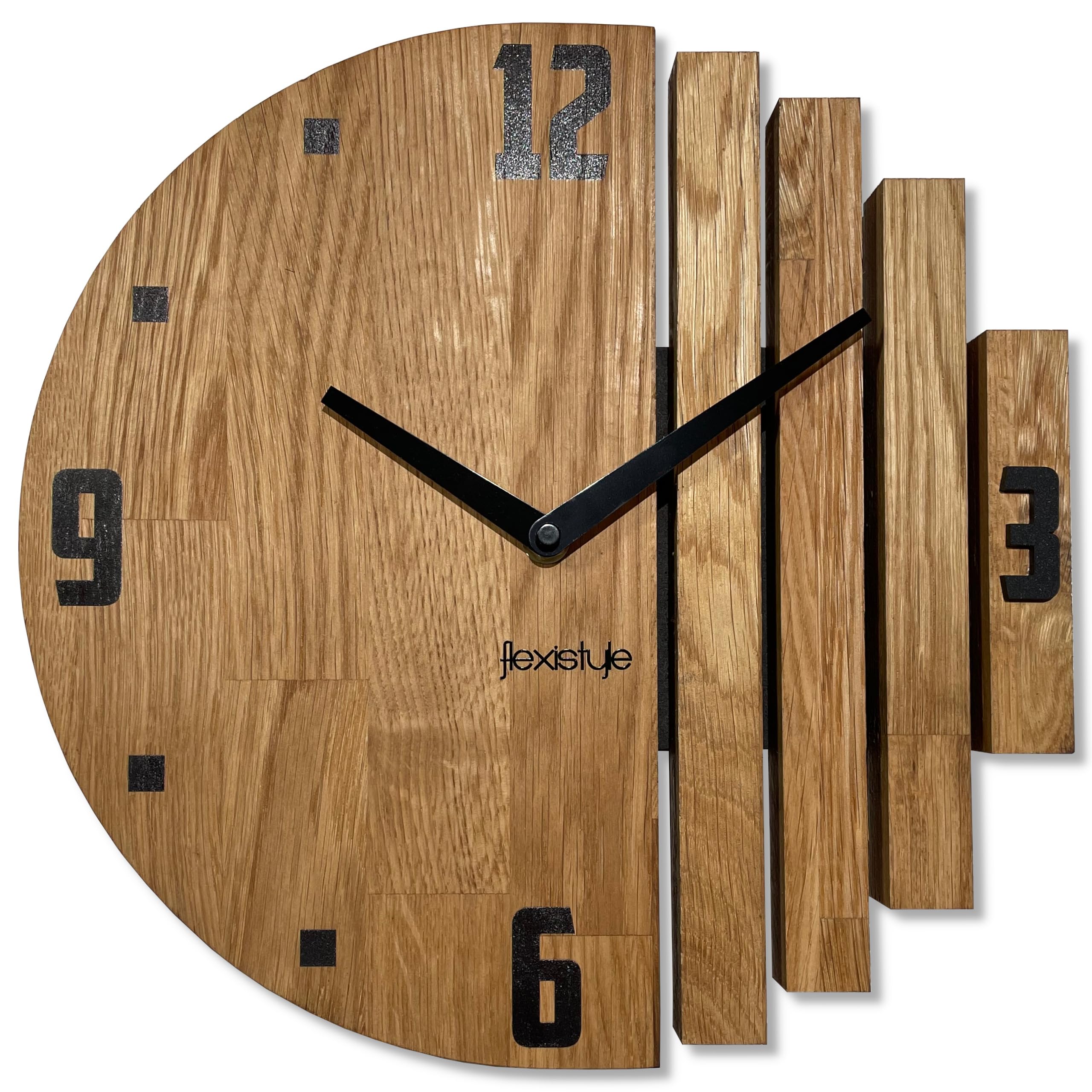 FLEXISTYLE Wanduhr modern Holz Eiche asymmetrisch 30cm lautlos ohne Tickgeräusche Designer Wanddekoration Wohnzimmer Küche Badezimmer Elegante wall Clock minimalistisch 30cm