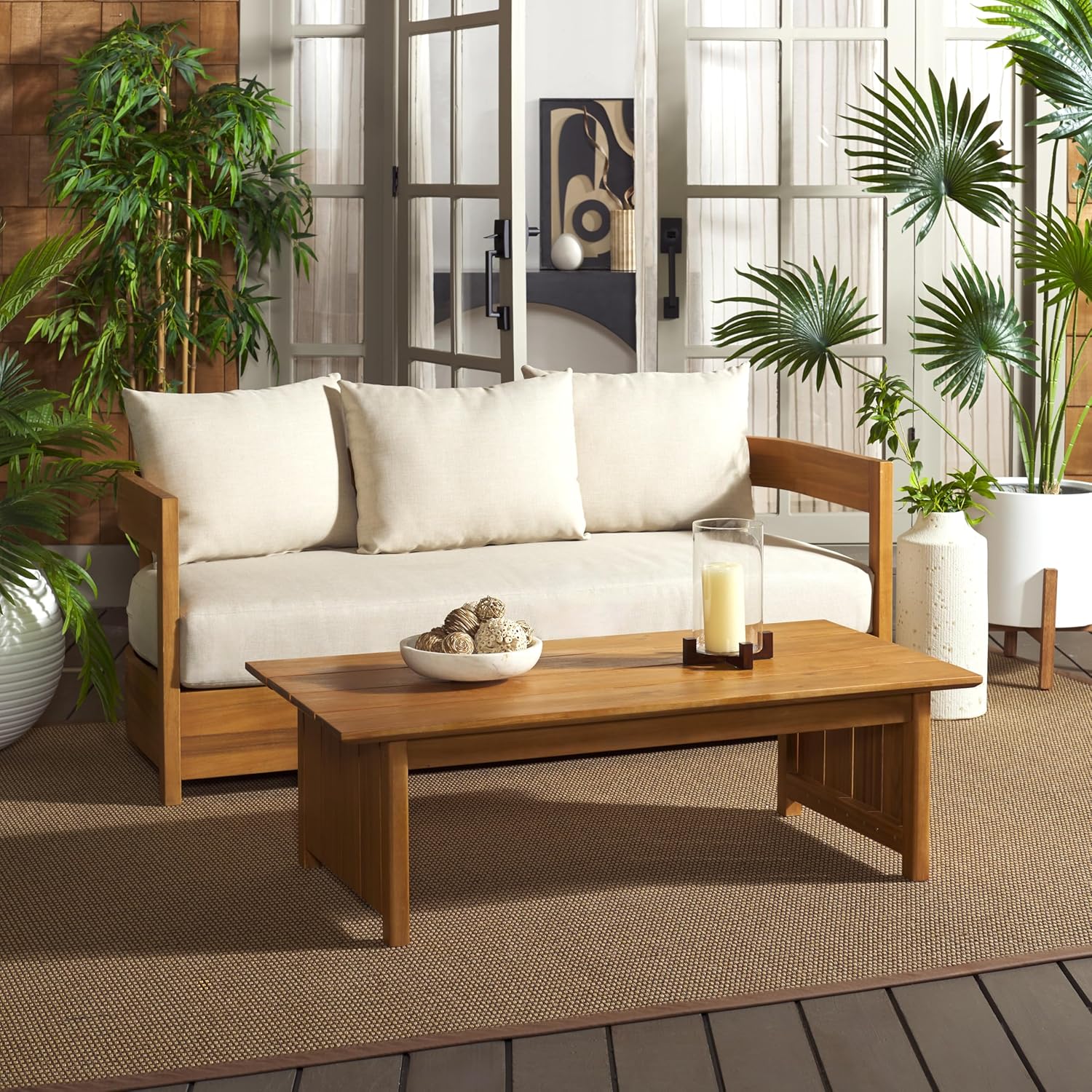 SAFAVIEH Outdoor Patio Furniture Collection - Kento Natural Solid Wood Coffee Table, Modern Rectangular Design (PAT7102A)