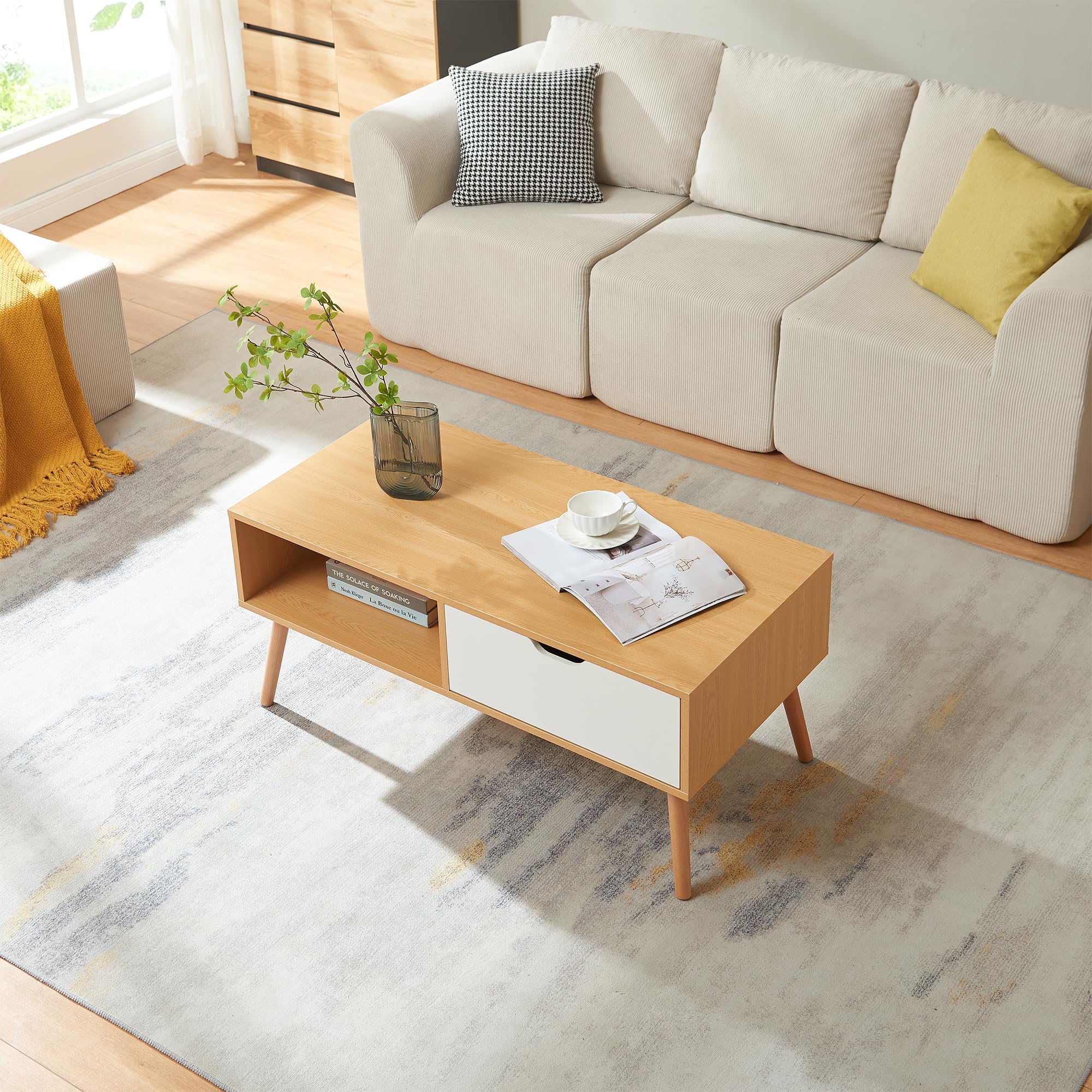 [en.casa] Couchtisch Bordkak Wohnzimmertisch mit Schublade Tischplatte rechteckig Beistelltisch 100 x 48 x 45 cm Sofatisch Holzbeine Eicheoptik/Weiß