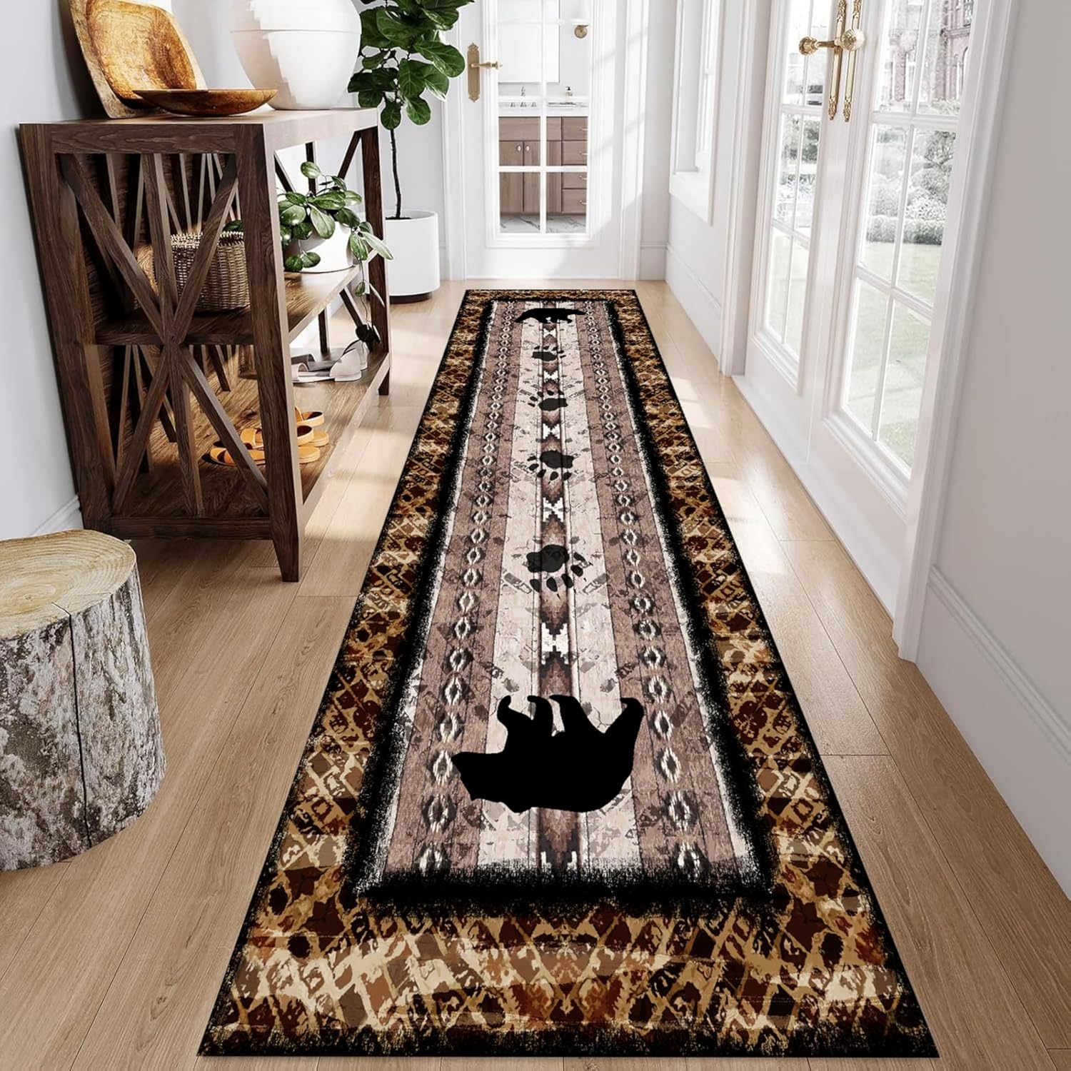 Unique Wildlife Runner Rug, 2x7ft, Bear Border Design Area Rug, Rustic Log Cabin Runner for Entryway, Rubber Backing Durable Floor Rug, Vintage Western Decoration, Fade-Resistant Print Carpet