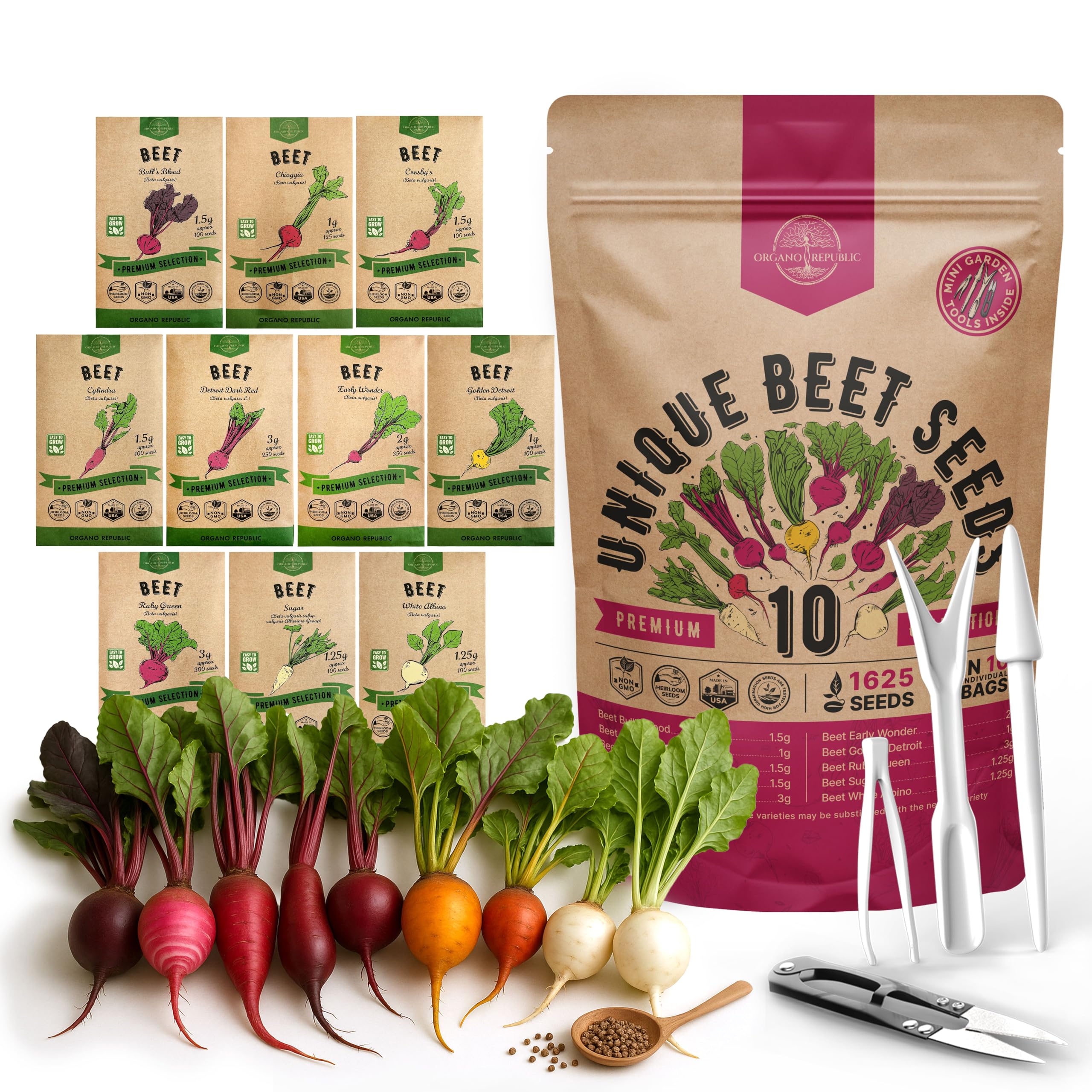 Organo Republic 10 Rare Beet Seeds Variety Pack for Planting Indoor & Outdoors 1625+ Heirloom Non-GMO Bulk Beets Gardening Seeds: Chioggia, Detroit Dark Red, Sugar, Cylindra, Bulls Blood, White Albino