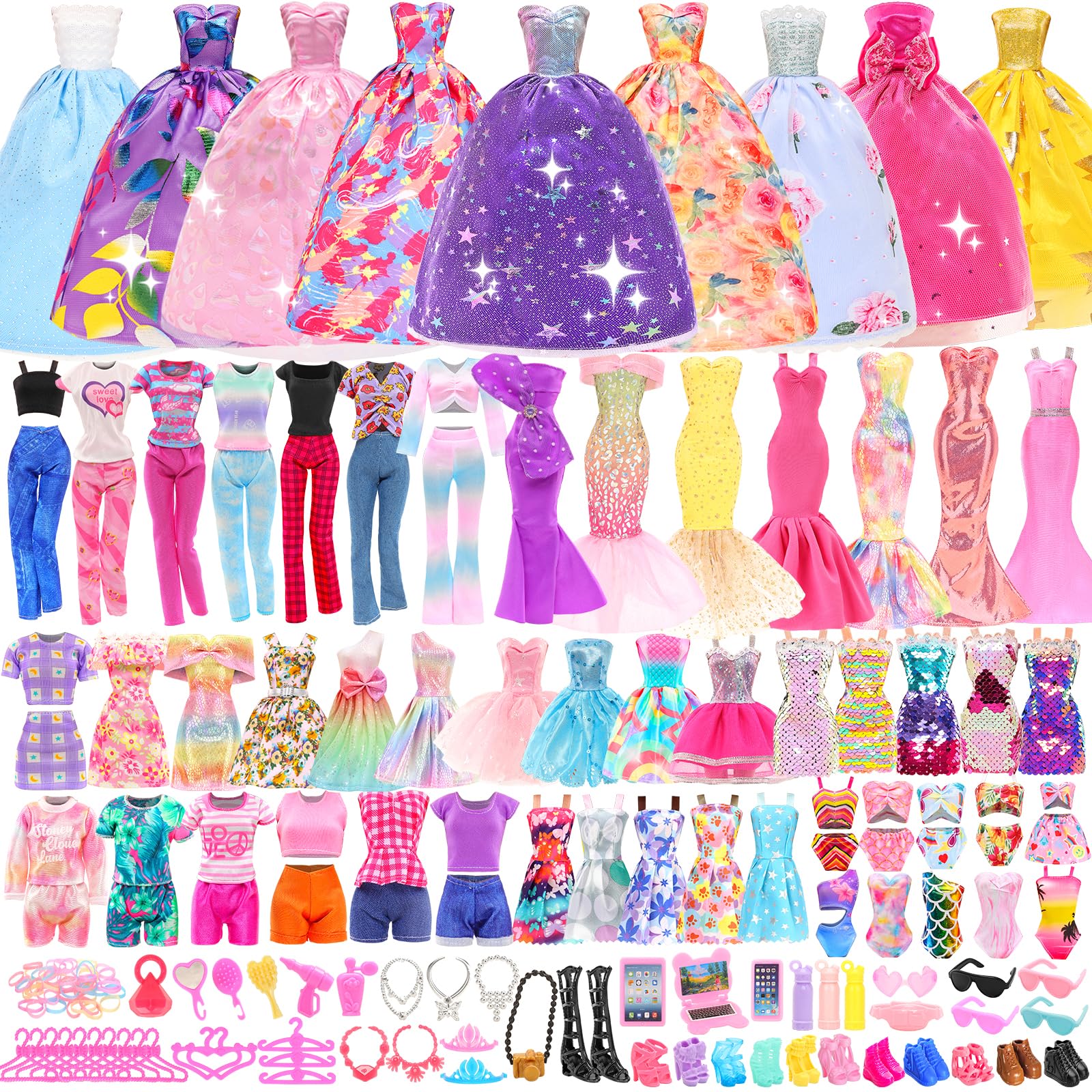 Sponsored Ad - 70 Pack Doll Clothes and Accessories 5 Wedding Gown Dresses 9 Fashion Dresses Slip Dress 3 Tops 3 Pants 2 Swimsuits Bikini 16 Shoes 15 Hangers and 63 Accessories for 11.5 inch Doll
