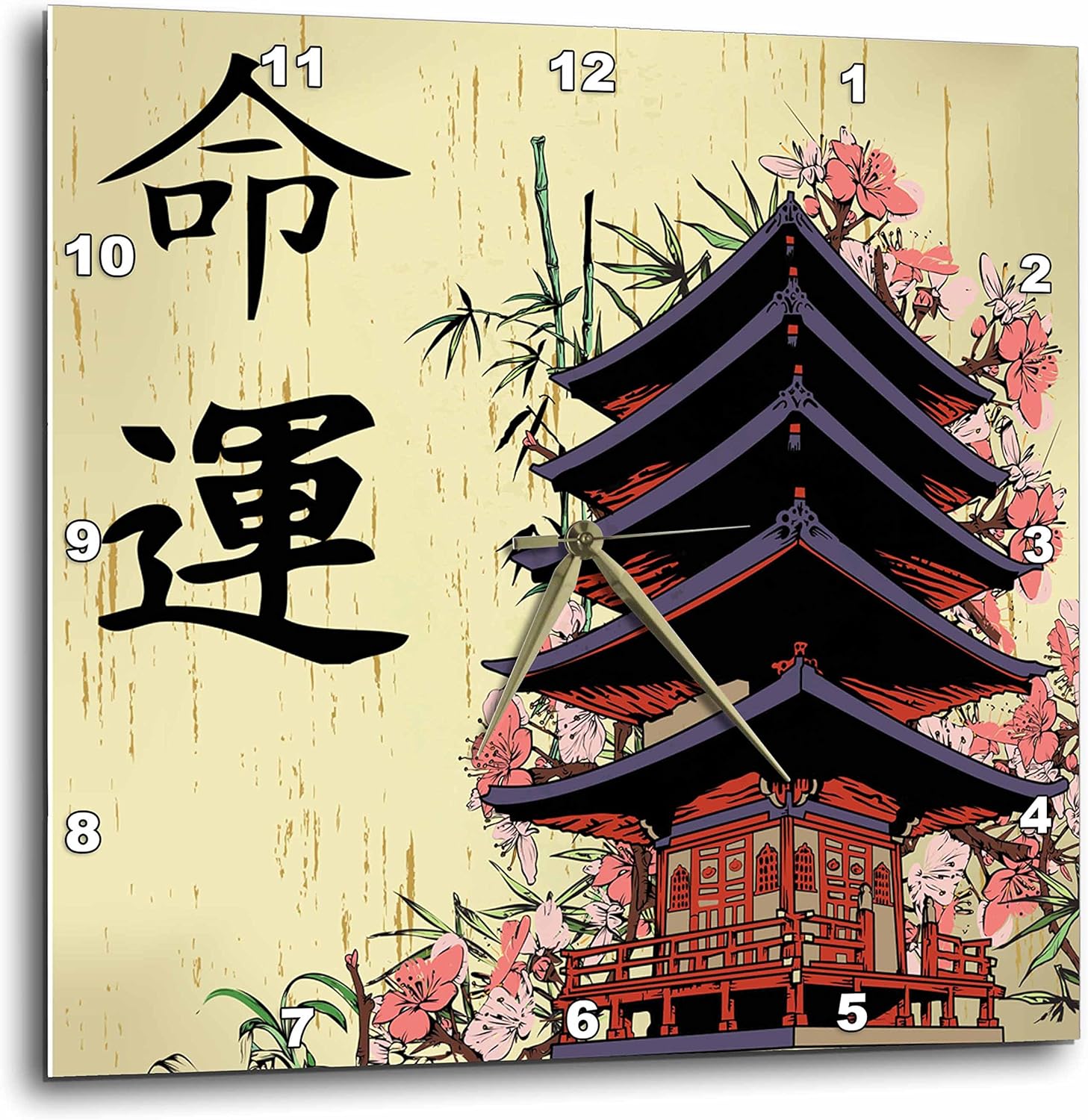 3dRose DPP_116193_3 Beautiful Japanese Pagoda with Pink Sakura and Bamboo Destiny Luck Kanji Symbols Asian Design-Wall Clock, 15 by 15-Inch