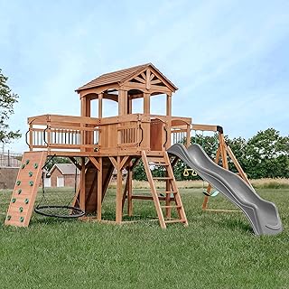 Backyard Discovery Sterling Point Cedar Wood Swing Set with Wave Slide, ...