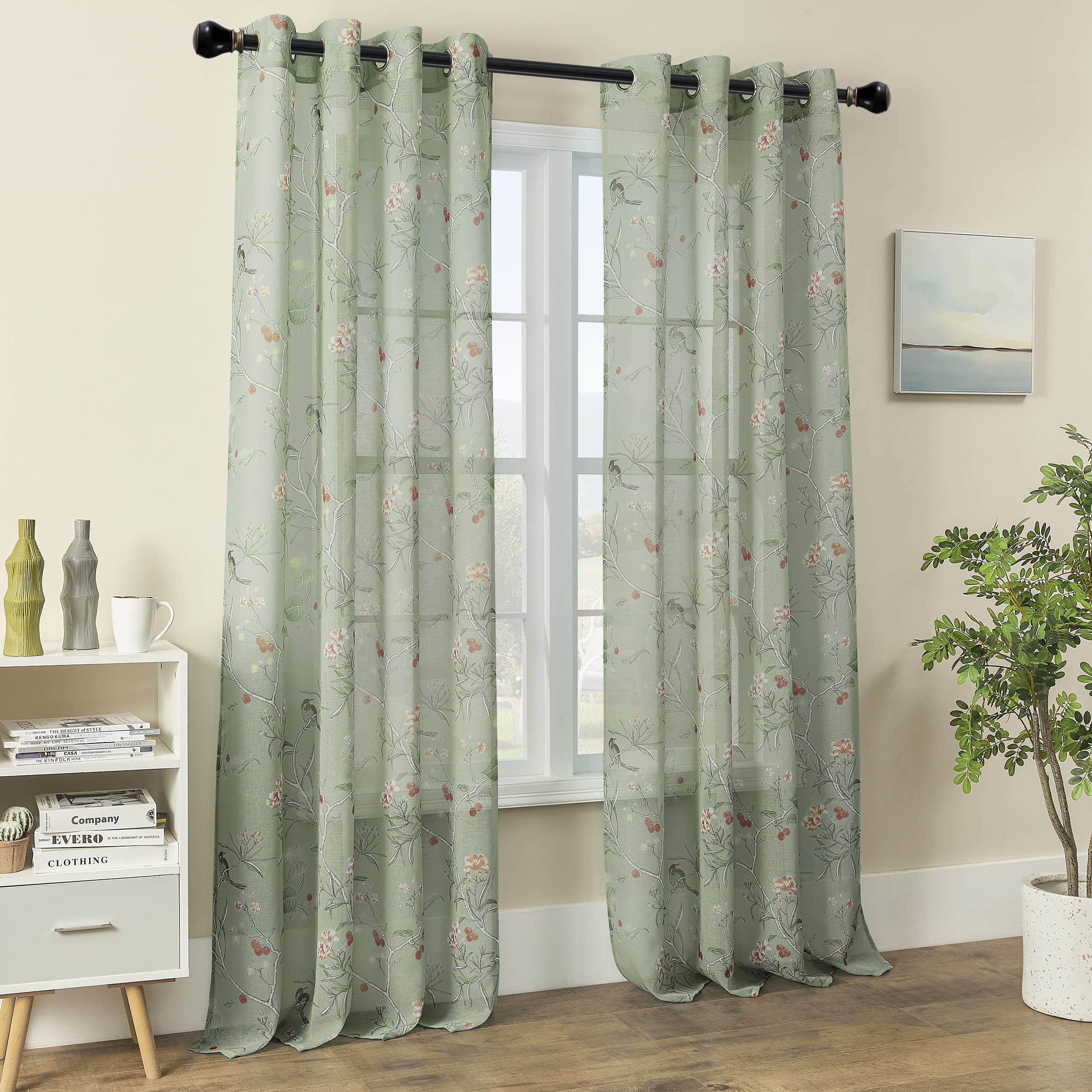 XTMYI Durchscheinende Vorhänge mit Ösen, für Wohnzimmer, Schiebetür, Schlafzimmer, leicht, stimmungsvoll, einzigartig, Blattgrün, Salbeigrün, Weiß, 2 Stück, ca. 245 cm