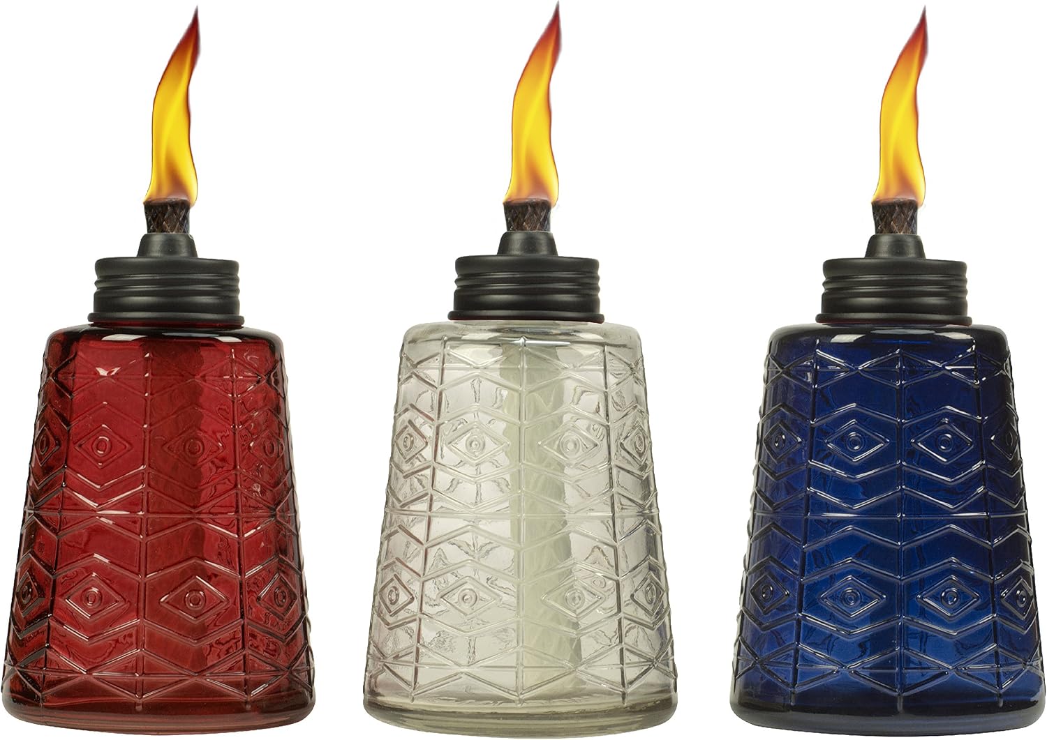 TIKI, Brand Molded Glass, Decorative Table Top Torch for Outdoor Lawn, Patio, and Garden White & Blue (Set of 3), 1117213, Red, White and Blue