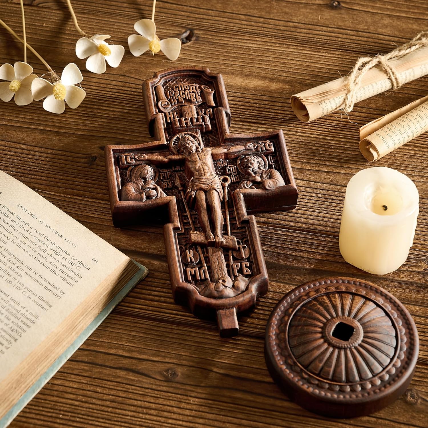 BGCOPPER Wooden Crucifix Wall Cross, Standing Jesus Cross Decor, Orthodox Icons Apostles Cross Christmas Gift