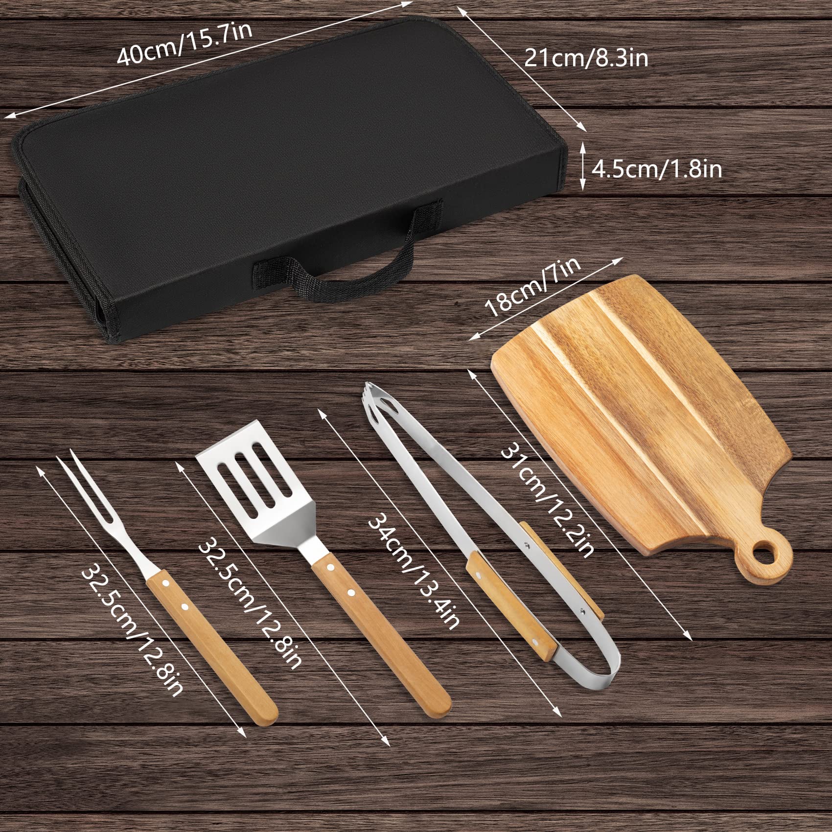 Juego de 4 herramientas de parrilla de acero inoxidable con tabla de cortar de madera de acacia, espátula, tenedor, pinzas de barbacoa, regalo de lujo con funda de transporte