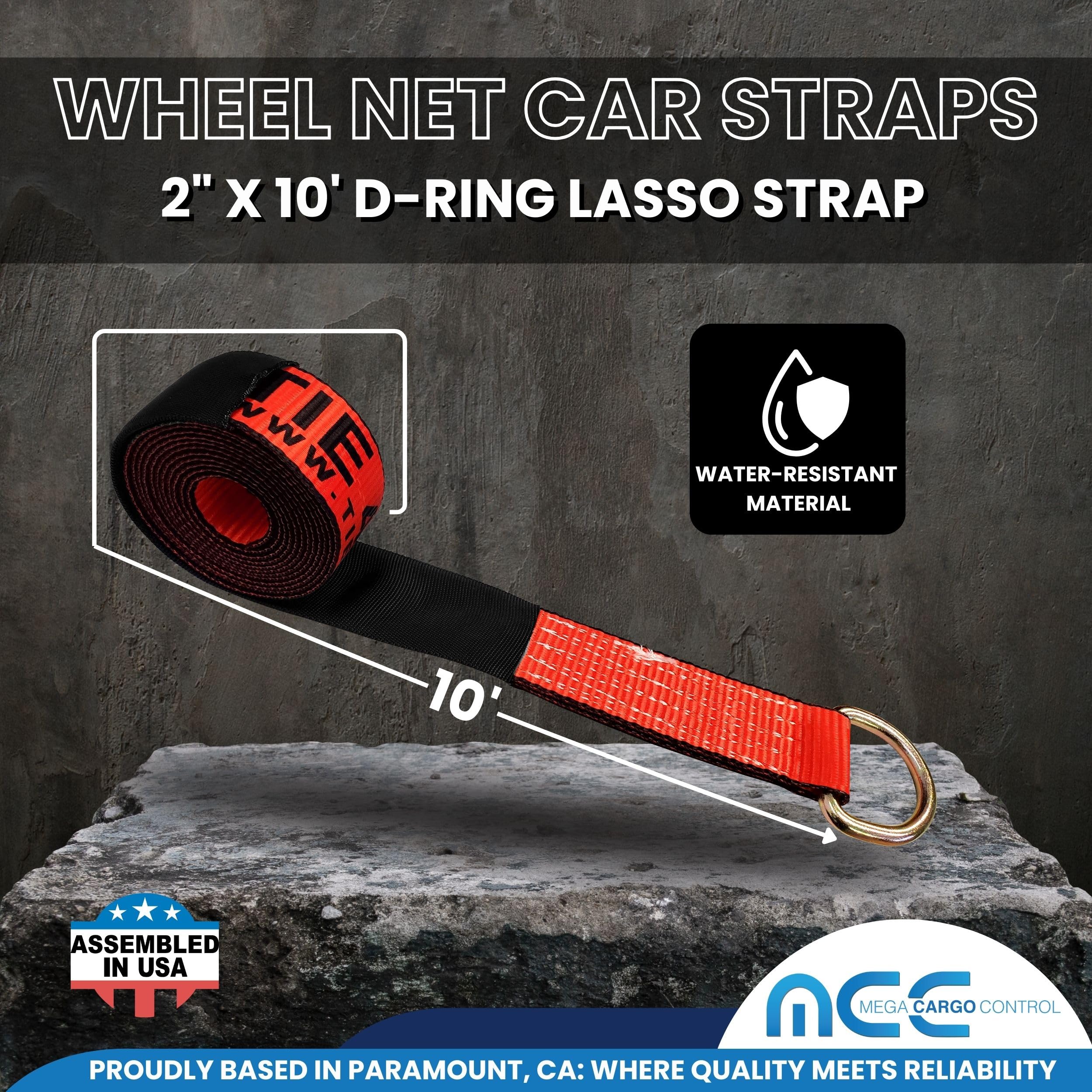 Mega Cargo Control 4 zestawy 5 cm x 25 cm D pierścień lasso pasek z (4) grzechotką 5 cm, (4) hak druciany J, (4) ochraniacz tulei wciągarki Lasso - (prezent) | zapadkowy holownik i ciągnięcie