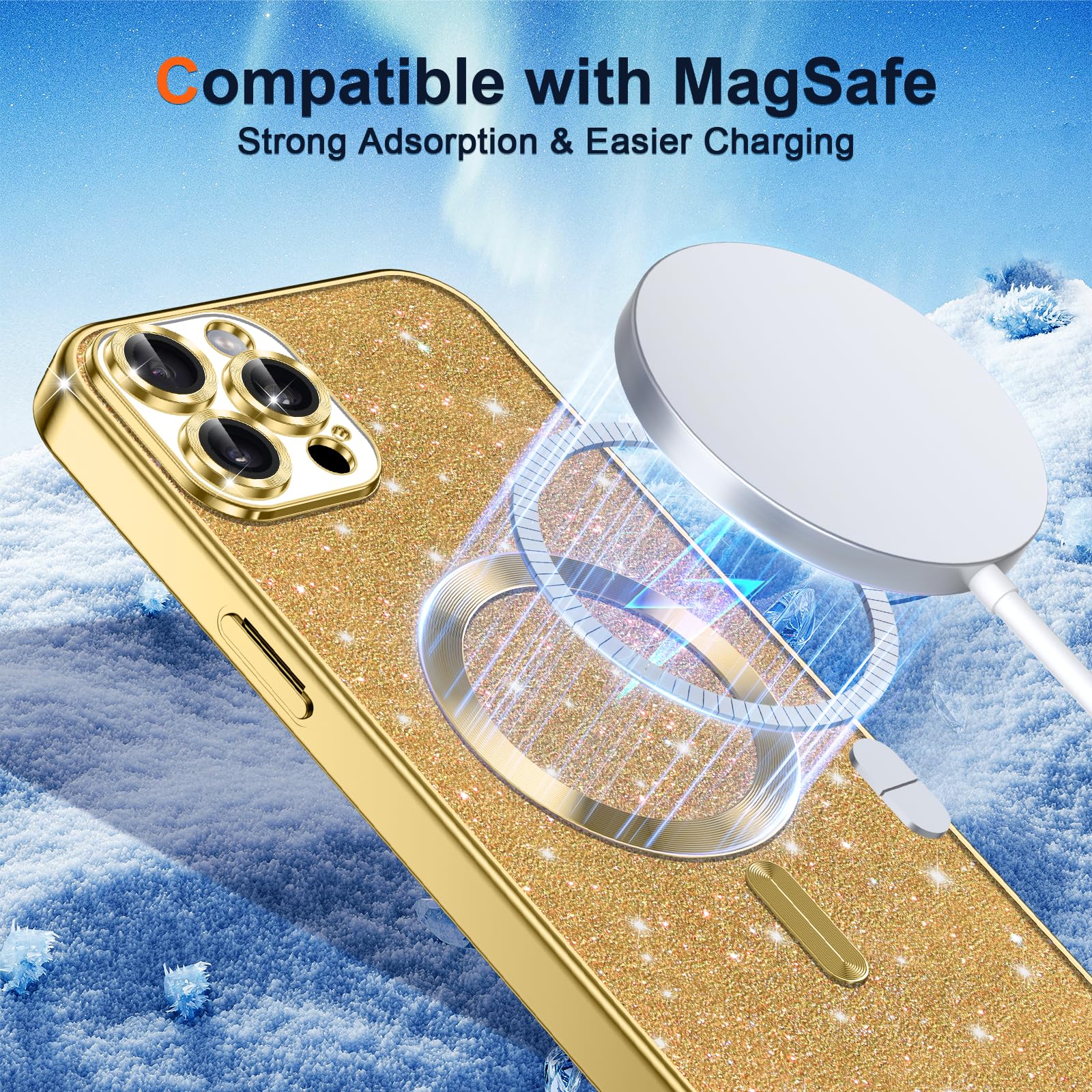 Kokio Glitter Magnetica Cover per iPhone 11 Pro con Cordino, Compatibile con MagSafe, Brillantini Sottile Silicone TPU Antiurto Custodia per iPhone 11 Pro con 2 Vetro Temperato Bumper, Oro