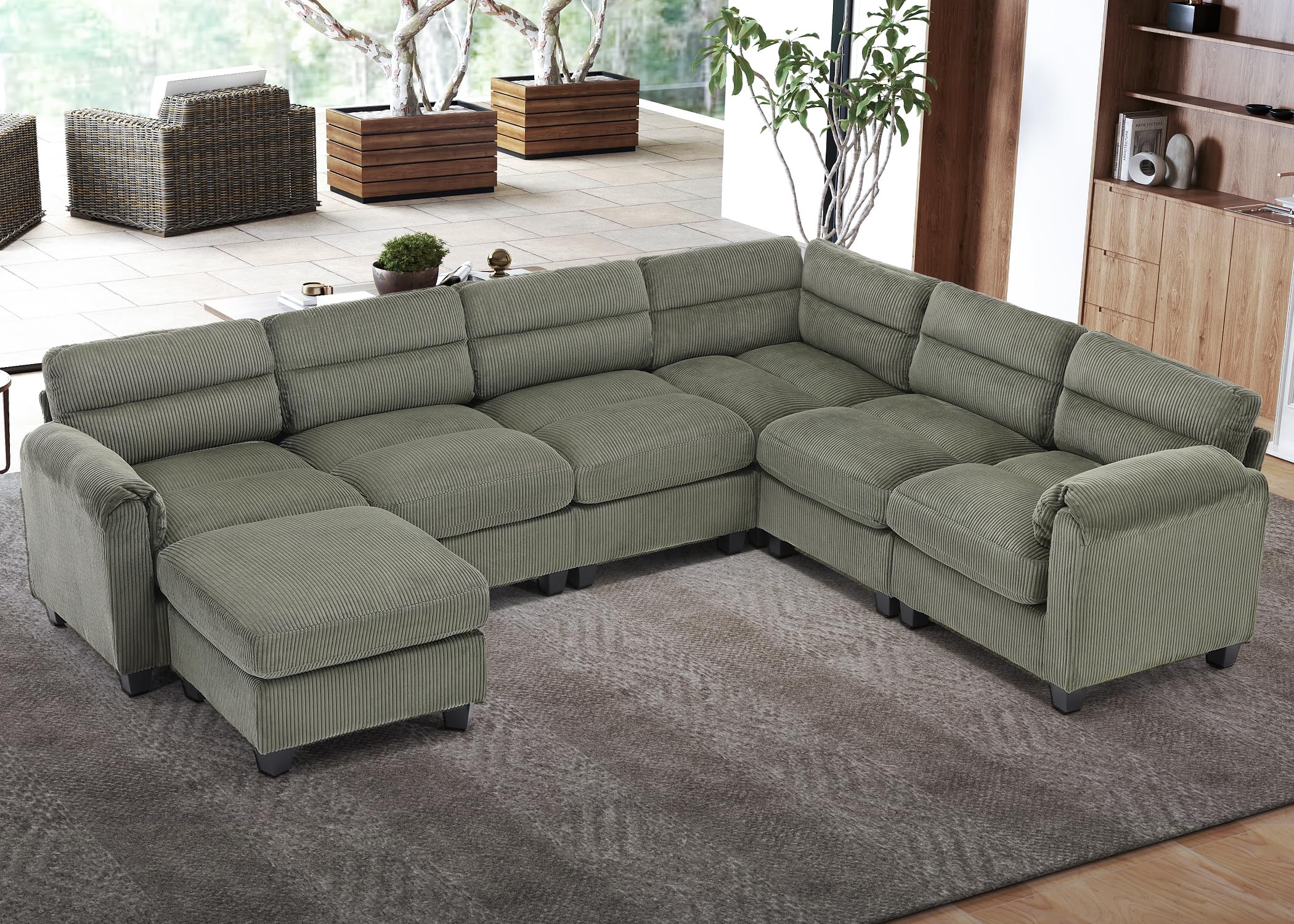 CANMOV Modular Sectional Couches with Ottoman, Convertible U Shaped Sofa Couch, 7 Seat Sofa with Chaise for Living Room,Corduroy Couch, Green Green 6+1-Seat