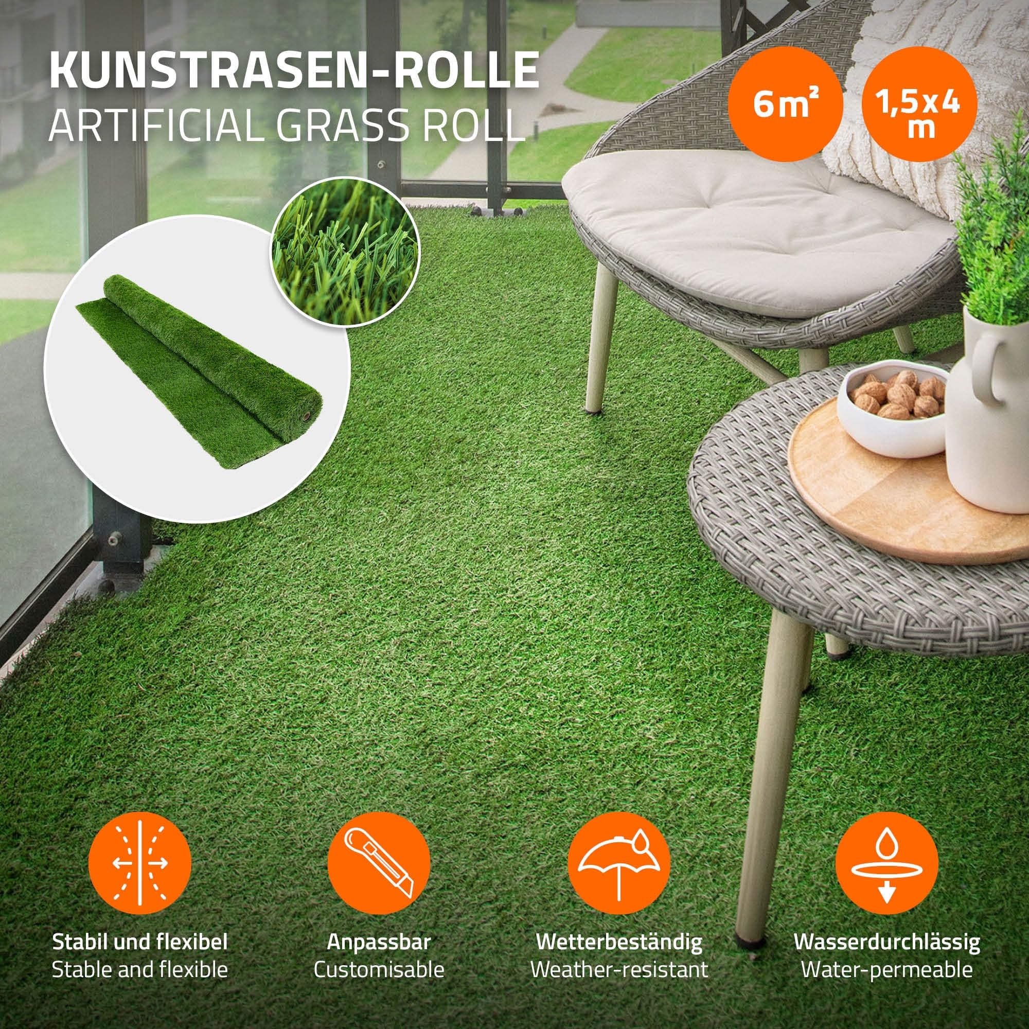 ECD Germany Kunstrasen-Rolle 150x400 cm 6m² Grün, Rasenteppich Outdoor wetterfest, 35mm, Grasmatte Meterware, Kunstgras wasserdurchlässig & UV-beständig, Kunstrasenteppich für Balkon Terrasse & Garten