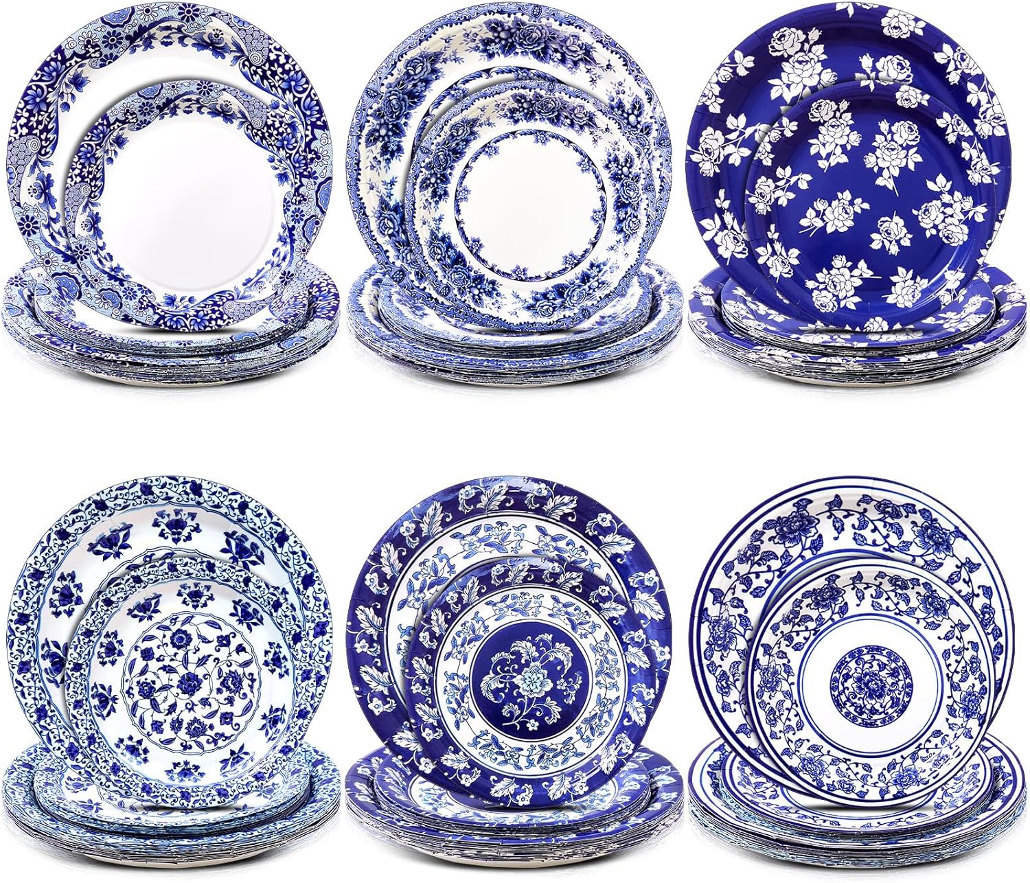 Havawish 144 Pcs Blue and White Flower Paper Plates 7 Inch 9 Inch Blue and White Chinoiserie Paper Plates Bulk Thick Disposable Papers Plate for Wedding Baby Shower Birthday Party Holiday Picnic