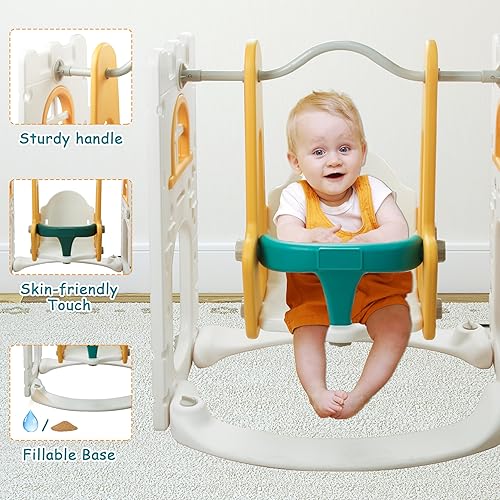 Miniatura 3 de Juego de tobogán y columpio 6 en 1 para niños pequeños, combo de tobogán y columpio con aro de baloncesto y telescopio, juego para niños pequeños