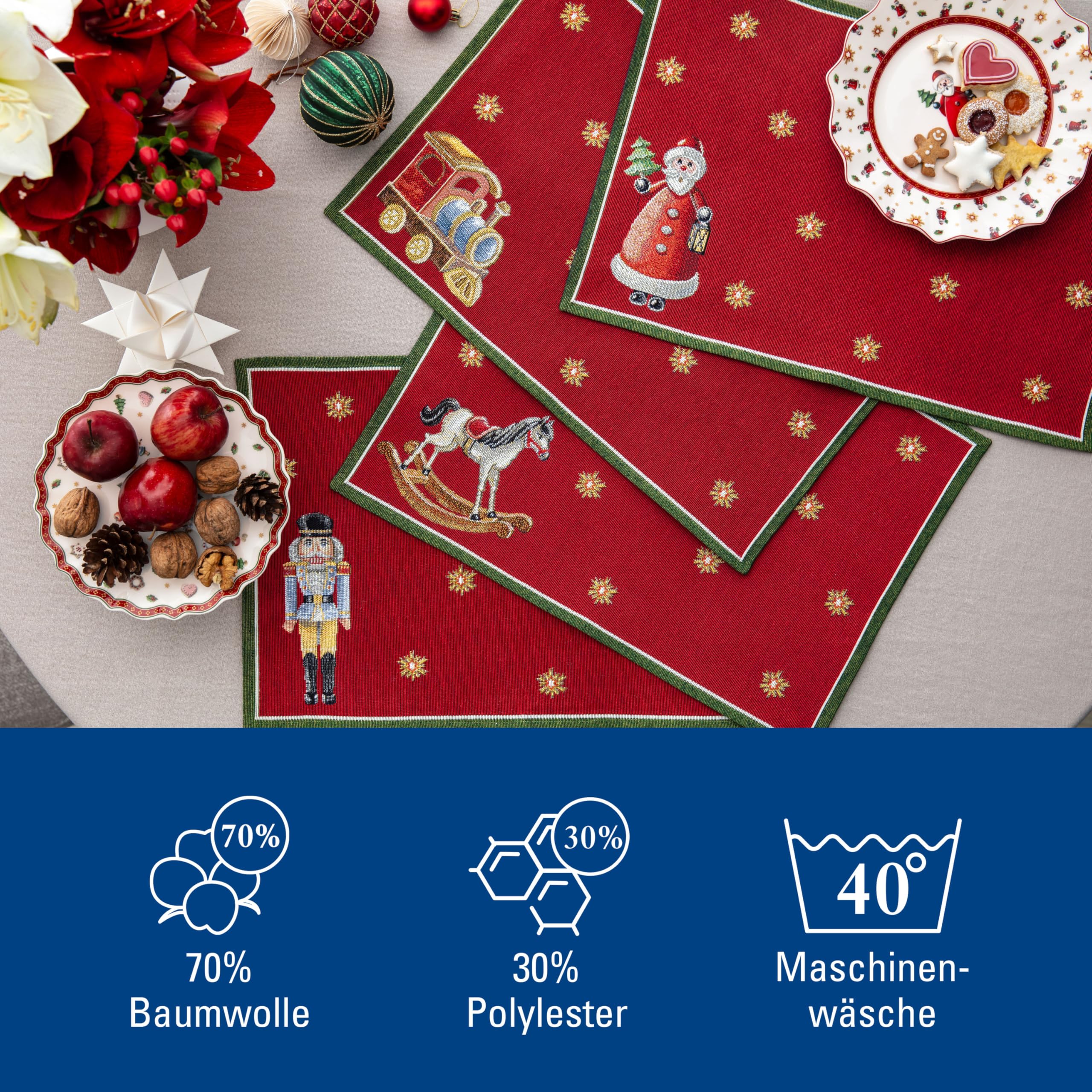 Villeroy & Boch - Toy's Delight Jubiläums-Set Gobelin Platzset 4-teilig Bunt, Weihnachten, Platzset für 4 Personen, Tischdeko, Weihnachtsmotiv, Baumwolle, Polyester