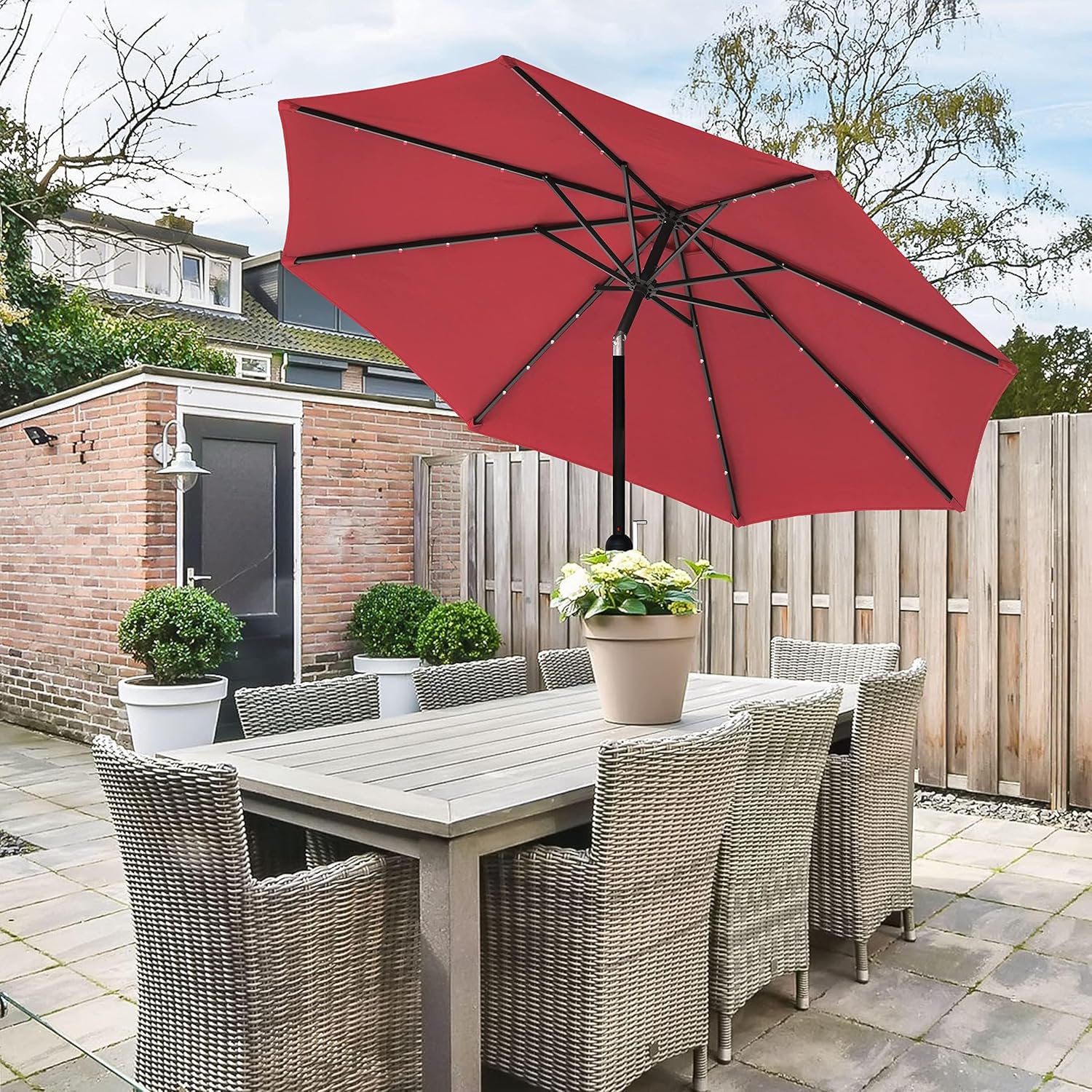 Simple Deluxe 9' Solar Umbrella 32 LED Lighted Patio Umbrella Table Market Umbrella with Push Button Tilt/Crank Outdoor Umbrella for Garden, Deck, Backyard and Pool