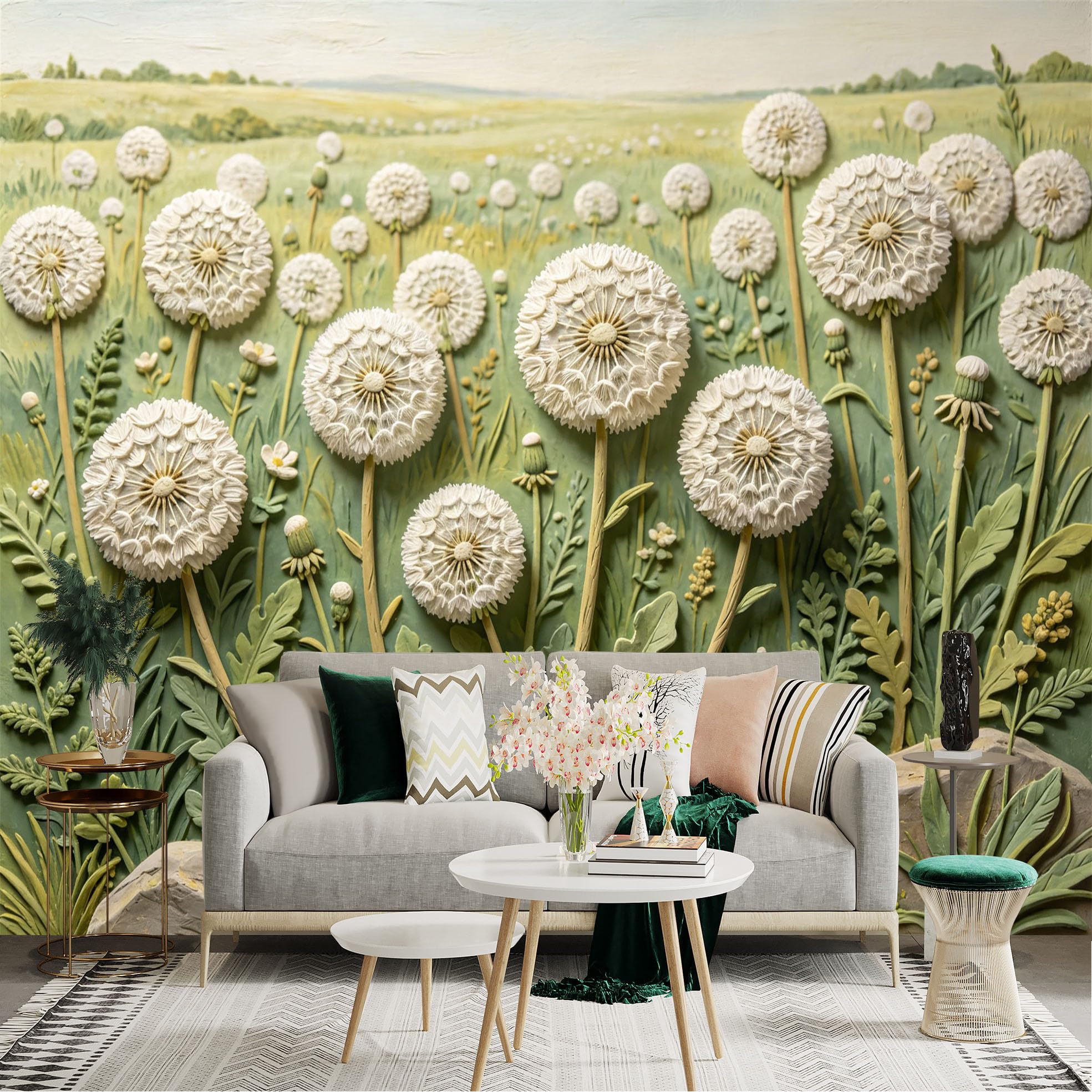 Lnzczhyre Dbh260521657 Custom Size Wall Sticker Mural， White Dandelion Flowers， Soft Green Botanical Meadow， Spring Nature Scenery， Elegant Relief Texture， For Wall Decoration， Peelandstick Wall Decals.