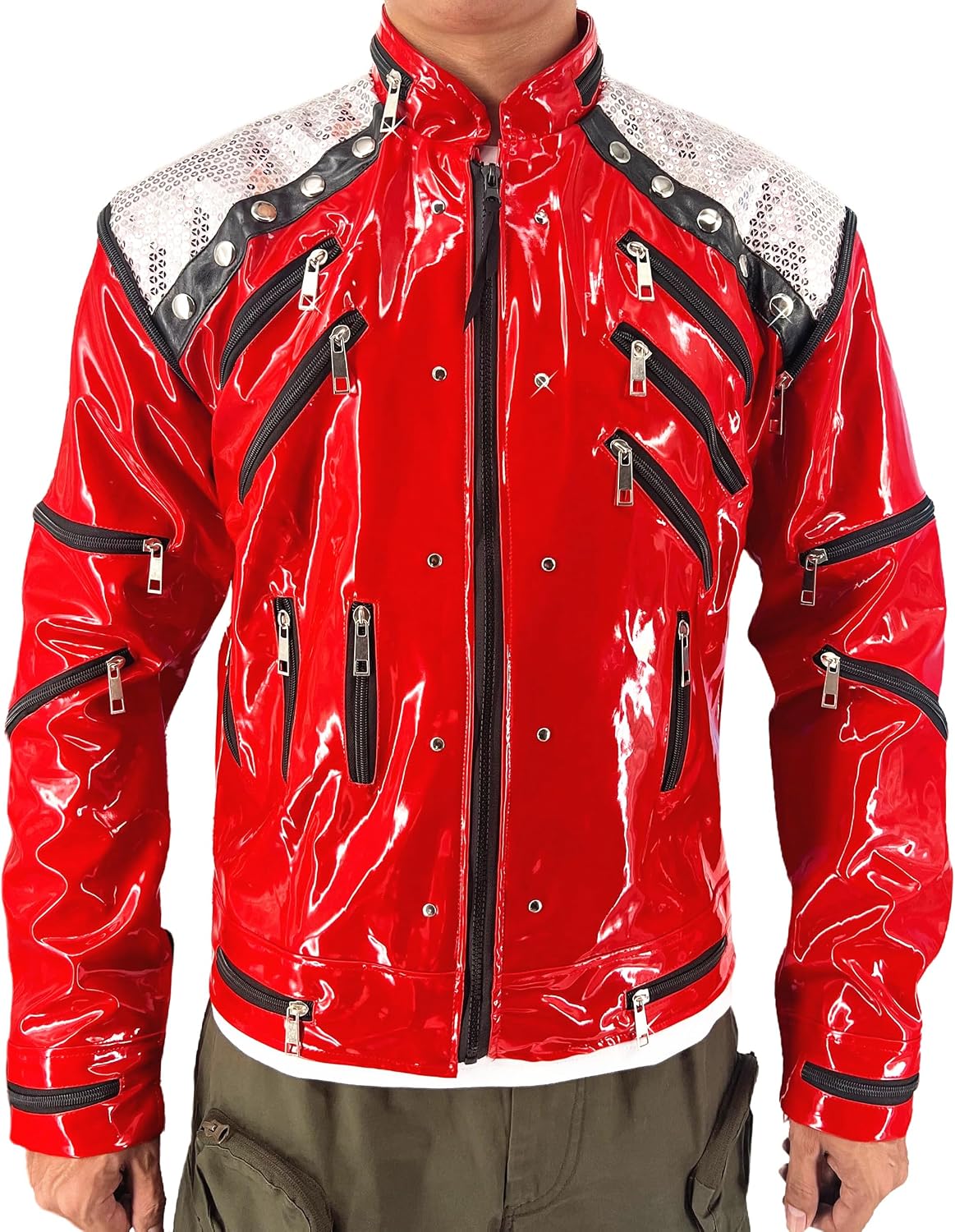 Red Leather Jacket for Men,Adults with Zippers -Beat It Motorcycle Punk Michael Impersonator Style XS-3XL