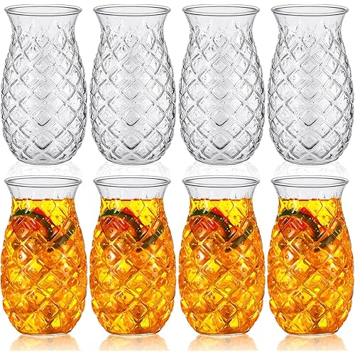 Zubebe Set of 8 Tiki Pineapple Glasses 17 oz Retro Relief Cups Clear Pineapple Drinking Cup for Wine Cocktail Drink Martini Whiskey Juice Outdoor Pool Party Picnics