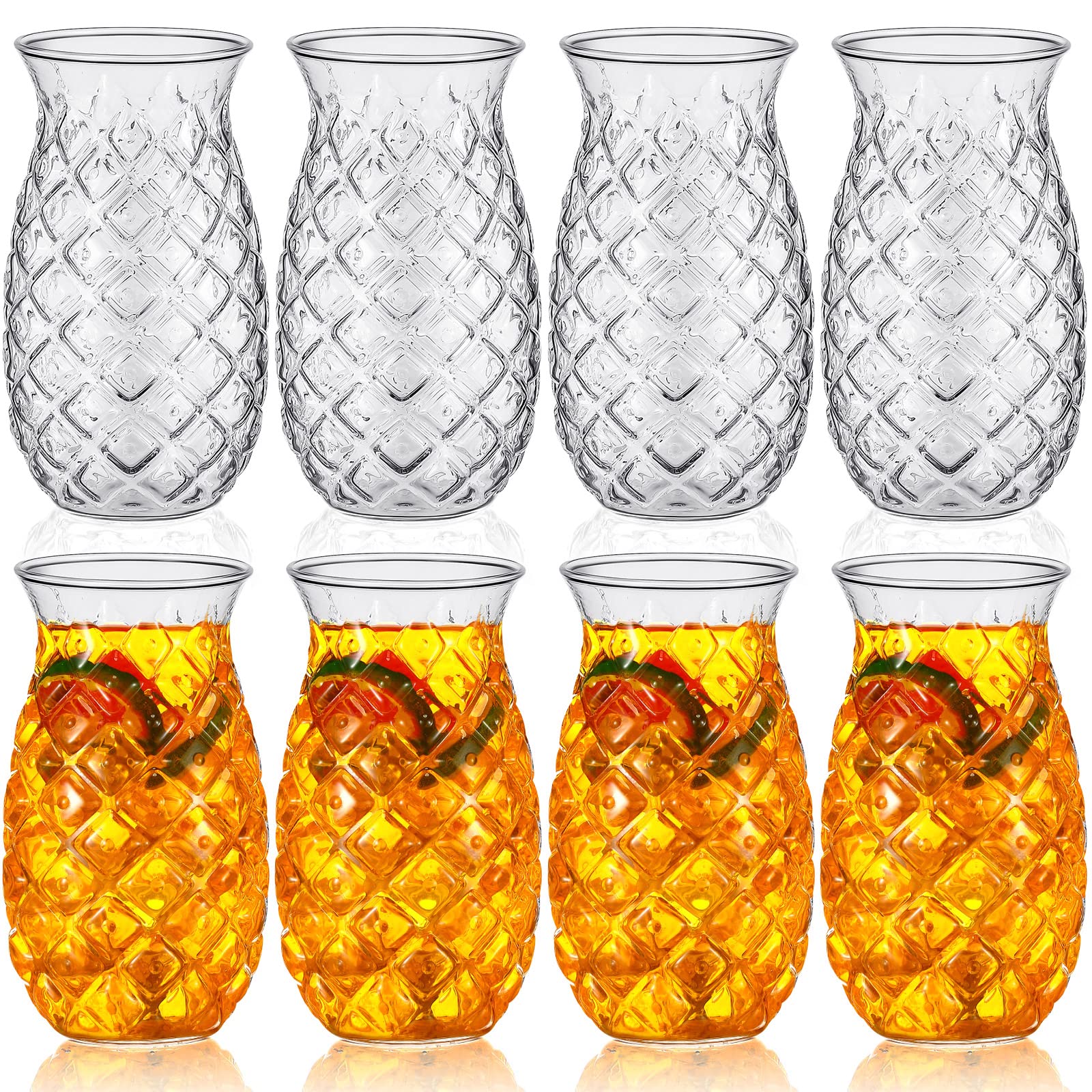 Zubebe Set of 8 Tiki Pineapple Glasses 17 oz Retro Relief Pineapple Cups Clear Pineapple Drinking Cup for Wine Cocktail Drink Martini Whiskey Juice Outdoor Pool Party Picnics
