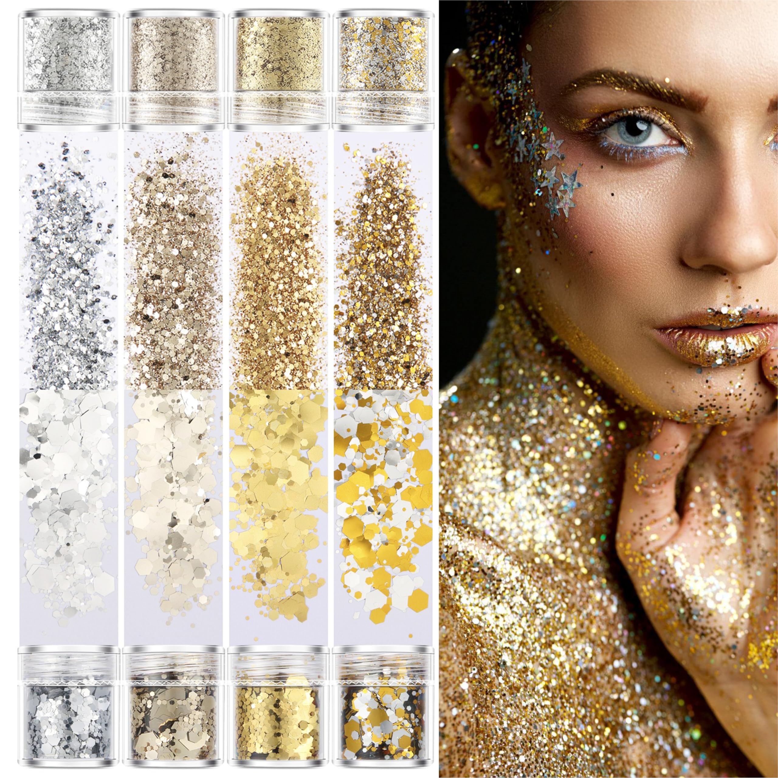 GABOX 8-Jar Gold Silver Glitter Set, Holographic Fine Powder & 1mm & 2mm & 3mm Sequins Flakes Set for Cosmetic - Nail - Resin, Iridescent Art Glitter