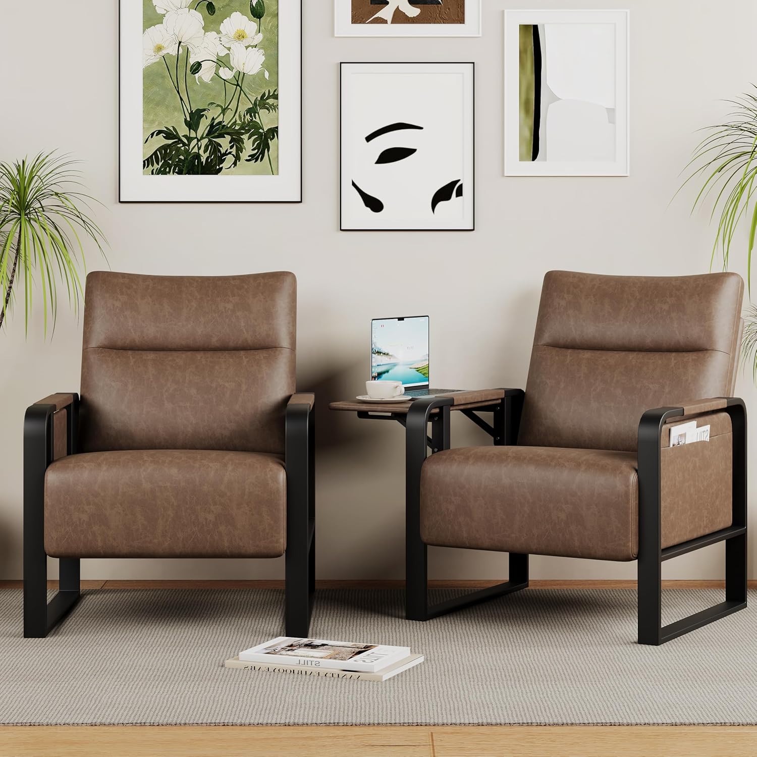 Upholstered Living Room Chair Armchair, Mid Century Faux Leather Metal Accent Chair, Reception Couch Office Guest Chair Slipper Club Lounge Single Sofa with Sidetable for Bedroom-Brown