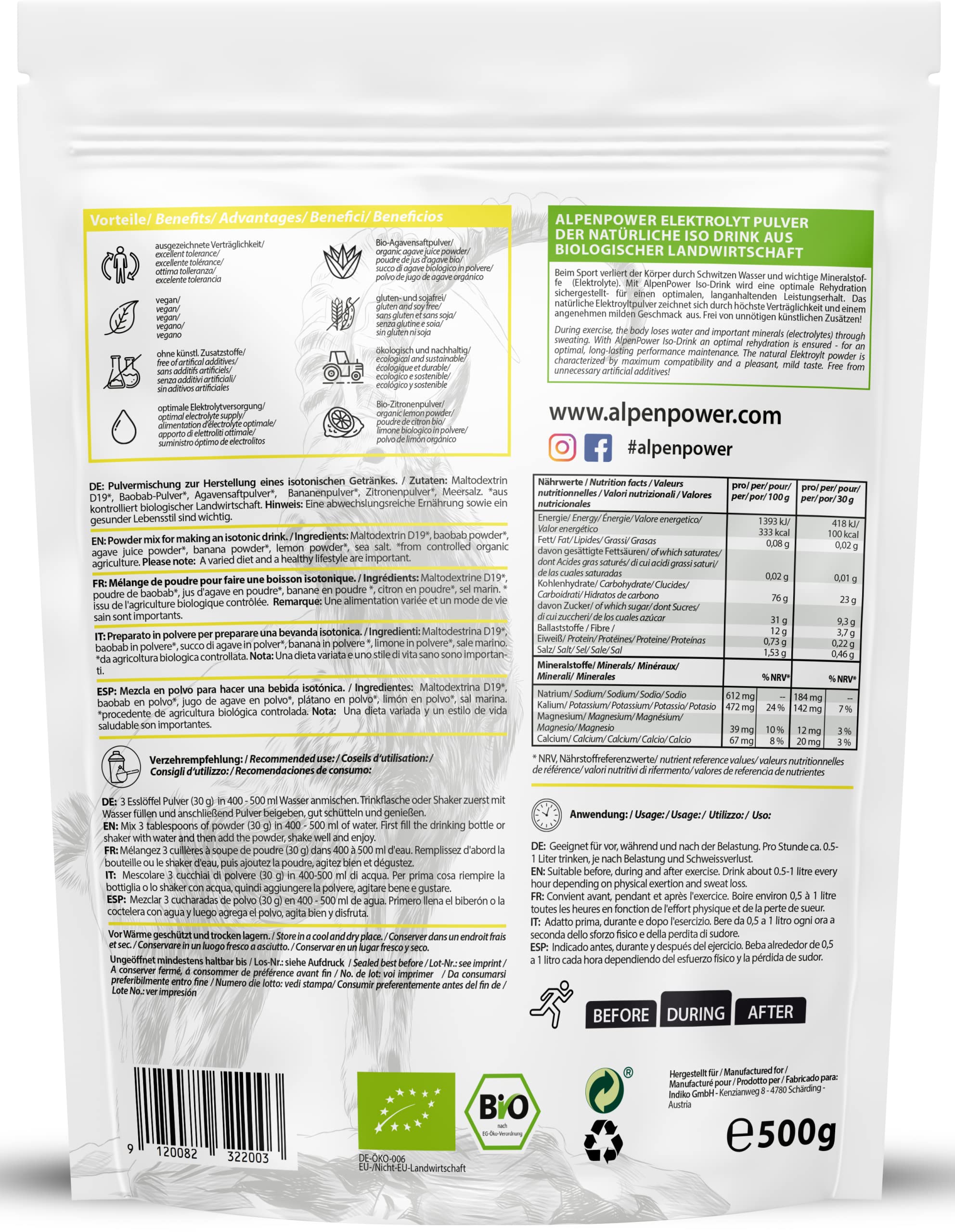 AlpenPower BIO ISO DRINK Pulver- Lemon 500 g - Isotonisches Getränkepulver mit 100% natürlichen Inhaltsstoffen - Ausgezeichnete Verträglichkeit & ohne künstliche Zusätze - Ideal für Ausdauersport