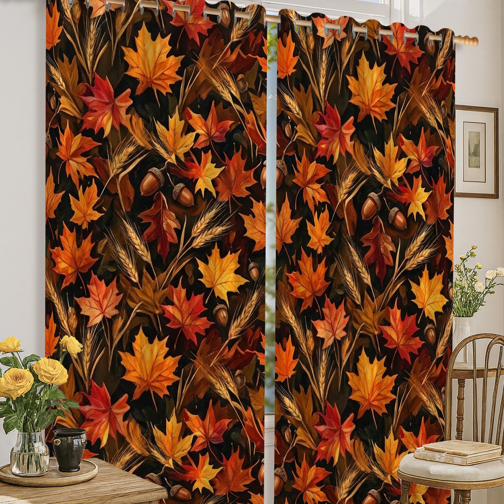 Rideaux occultants motif feuilles d'érable pour une chambre cosy en automne