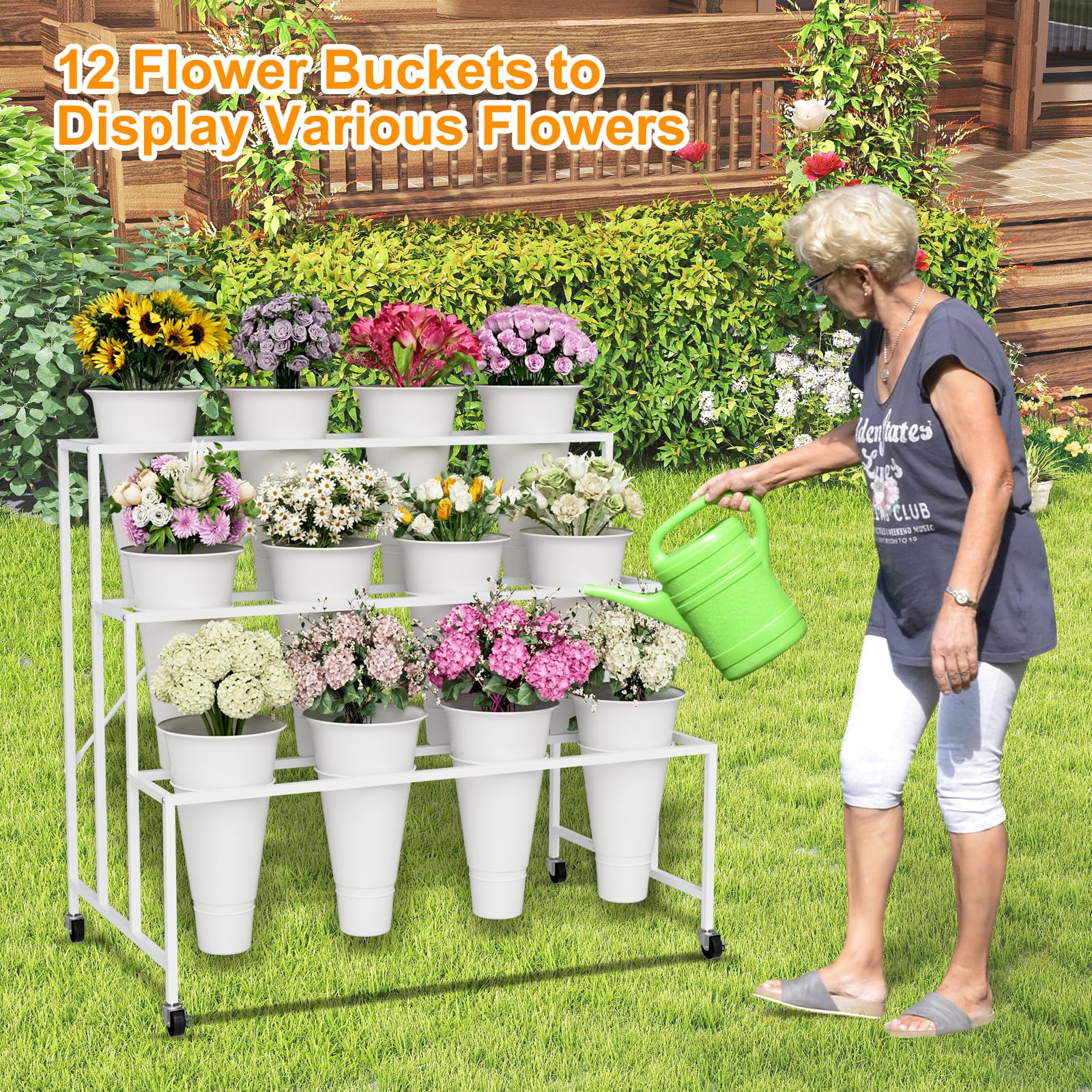 Support De Fleurs à 3 Niveaux Avec Seaux Pour Intérieur Et Extérieur, Chariot De Fleurs Avec Roues Pour Cour, Balcon, Magasin De Fleurs, Mariage, Fête, Exposition, Blanc