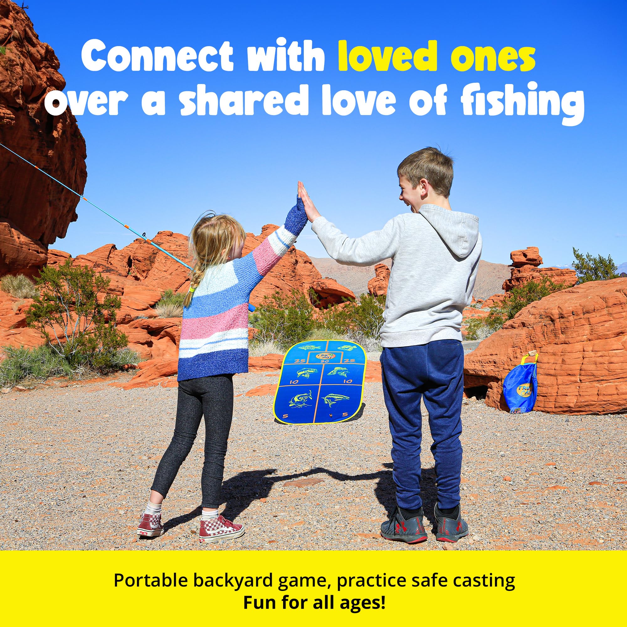 TruCast Outdoor Fishing Game, Portable Kids Fishing Game with Velcro Lures and Foldable Flat-Pack Target Board, Compact Kids Fishing Rod Travel Set, 17