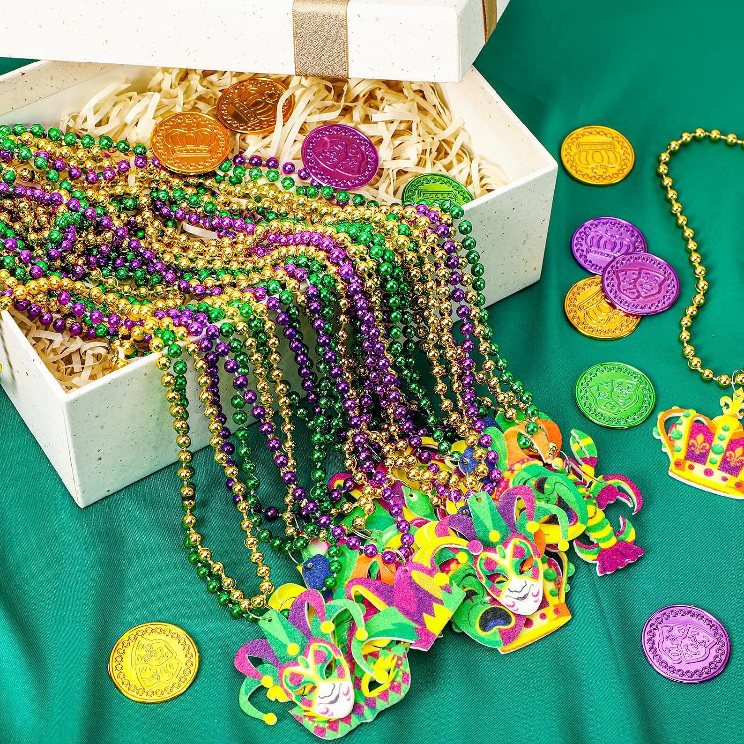 NOVWANG 21Pcs Mardi Gras Accessories Beads Necklaces Green Purple Gold Bead Necklaces for Mardi Gras Carnivals Celebration Parade Throws Party Favor Decorations Supplies(11 Designs) - Image 5