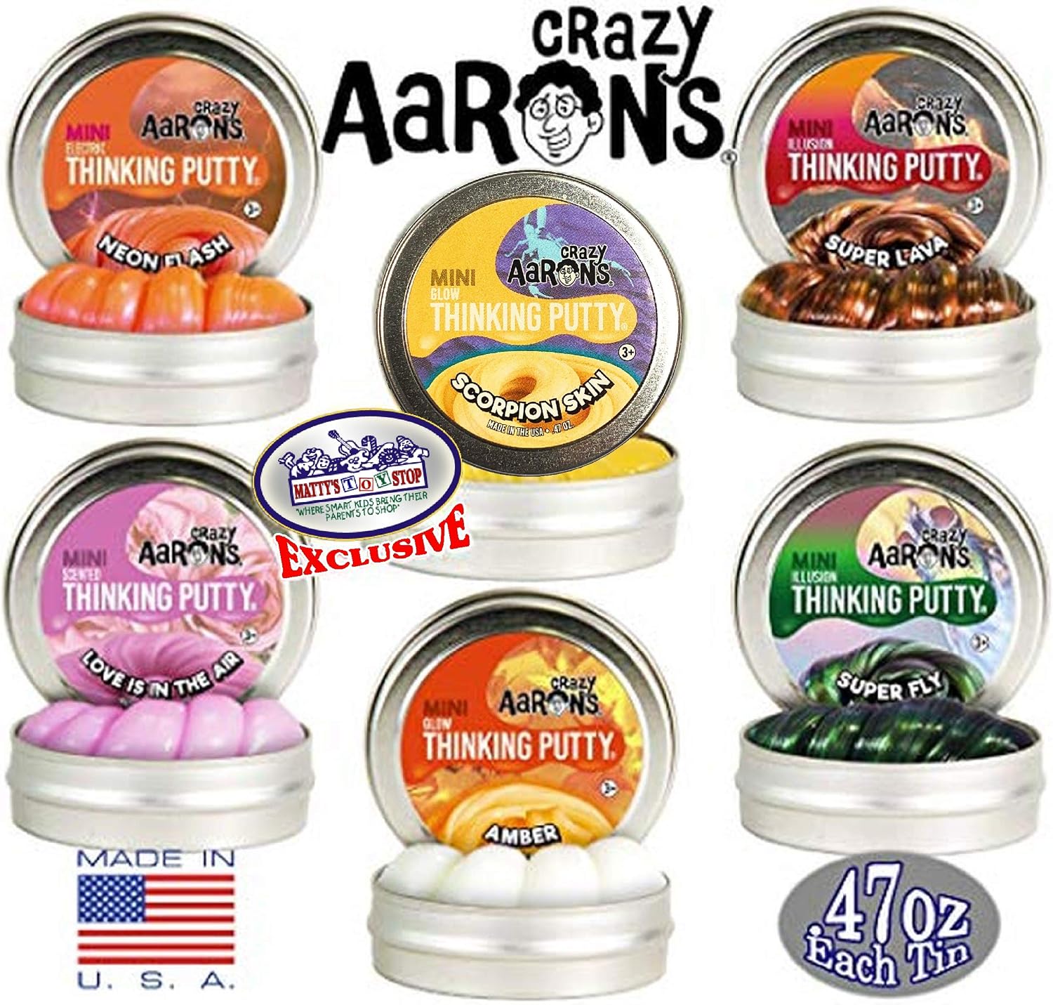Crazy Aaron's Putty Mini Tin Gift Set Bundle (Sample Set 3) with Super Fly, Neon Flash, Super Lava, Amber, Love Air & Exclusive Scorpion Skin Glow in The Dark - 6 Pack