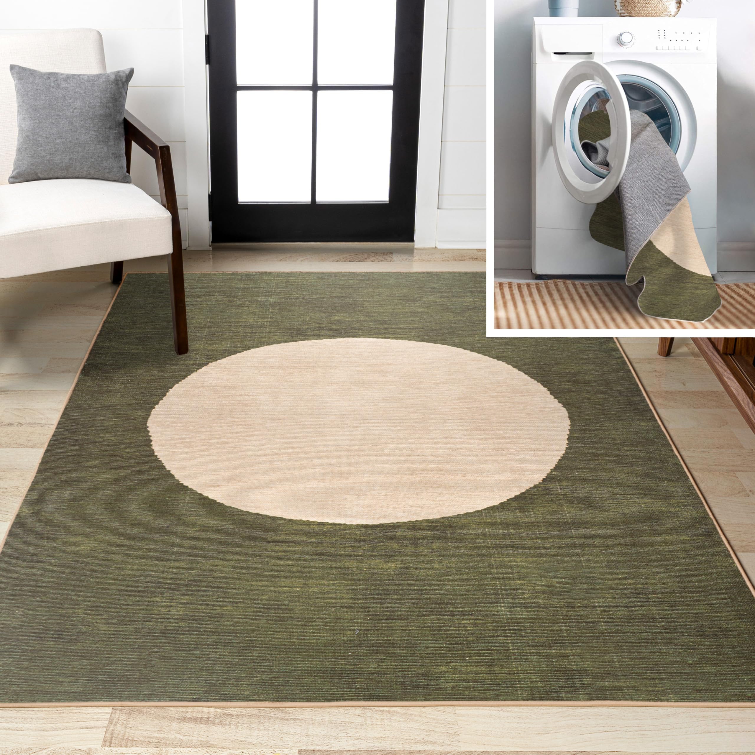 Machine Washable Green/Cream Indoor Area Rug 9X12 ft, Cirkel Minimalist Geometric Dot for Living Room, Bedroom, Kitchen, Office, Easy-Cleaning, Pet-Friendly, Non-Shedding WSH113B-9
