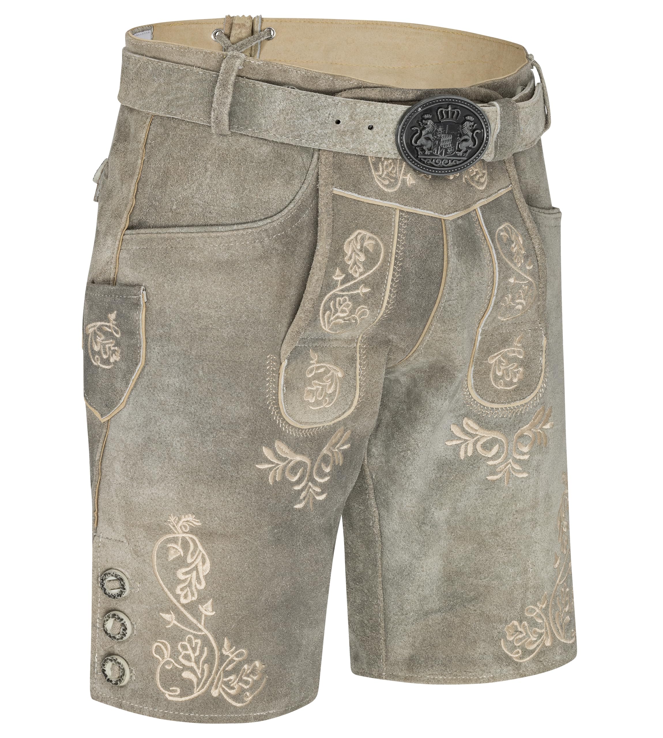 Schöneberger Trachten Couture Herren Lederhose kurz mit Trachtengürtel Bayern, Trachtenlederhose für Oktoberfest, Original Nubuk-Leder, Bergjäger