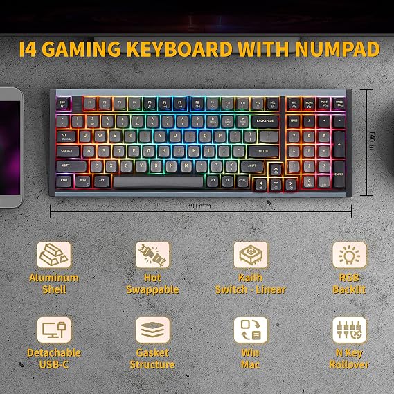 Hexgears I4 Wired Mechanical Keyboard with Number Pad - Black, Linear