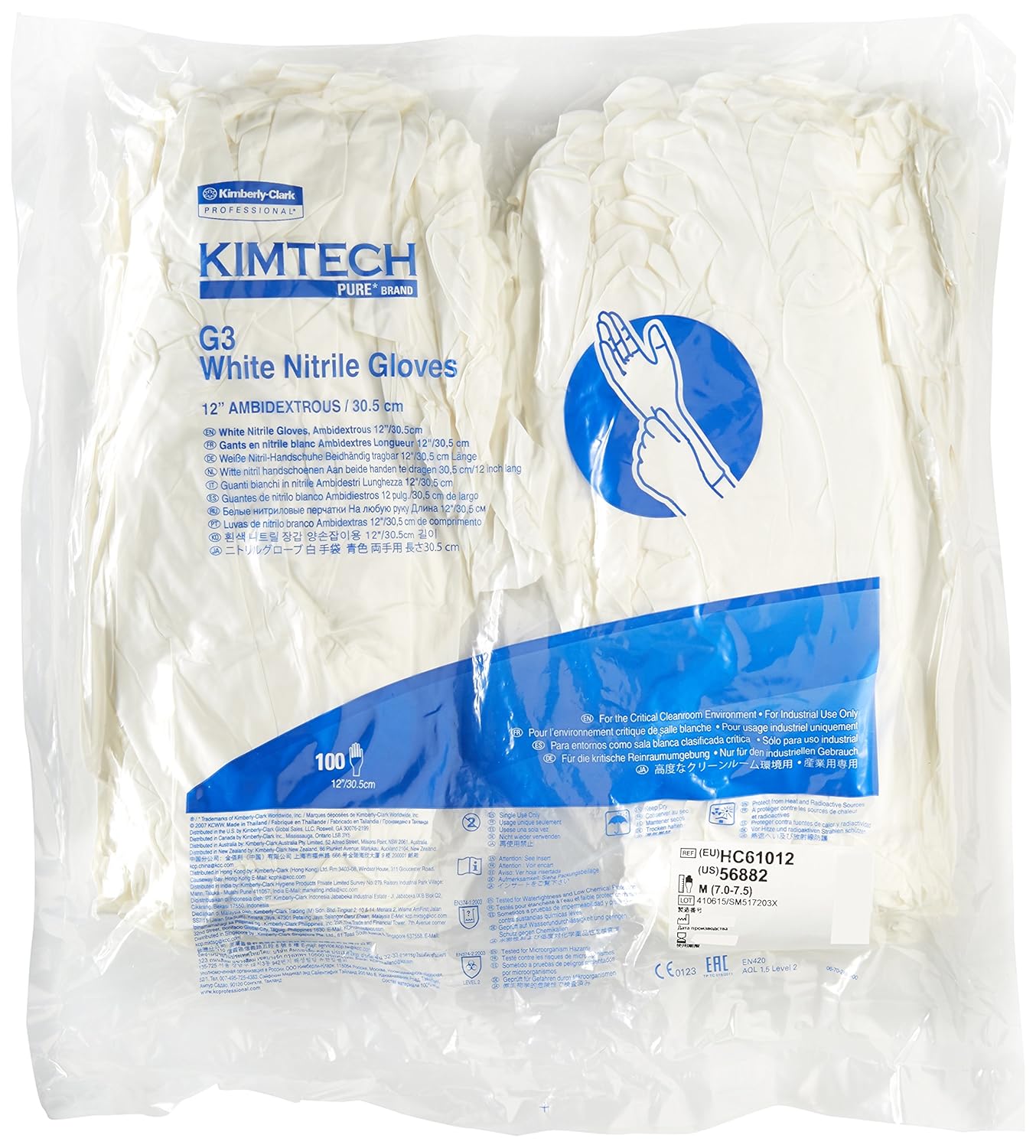Kimberly Clark Safety 56882 G3 Nitrile Glove, Ambidextrous, Medium, 12", White (Pack of 100)