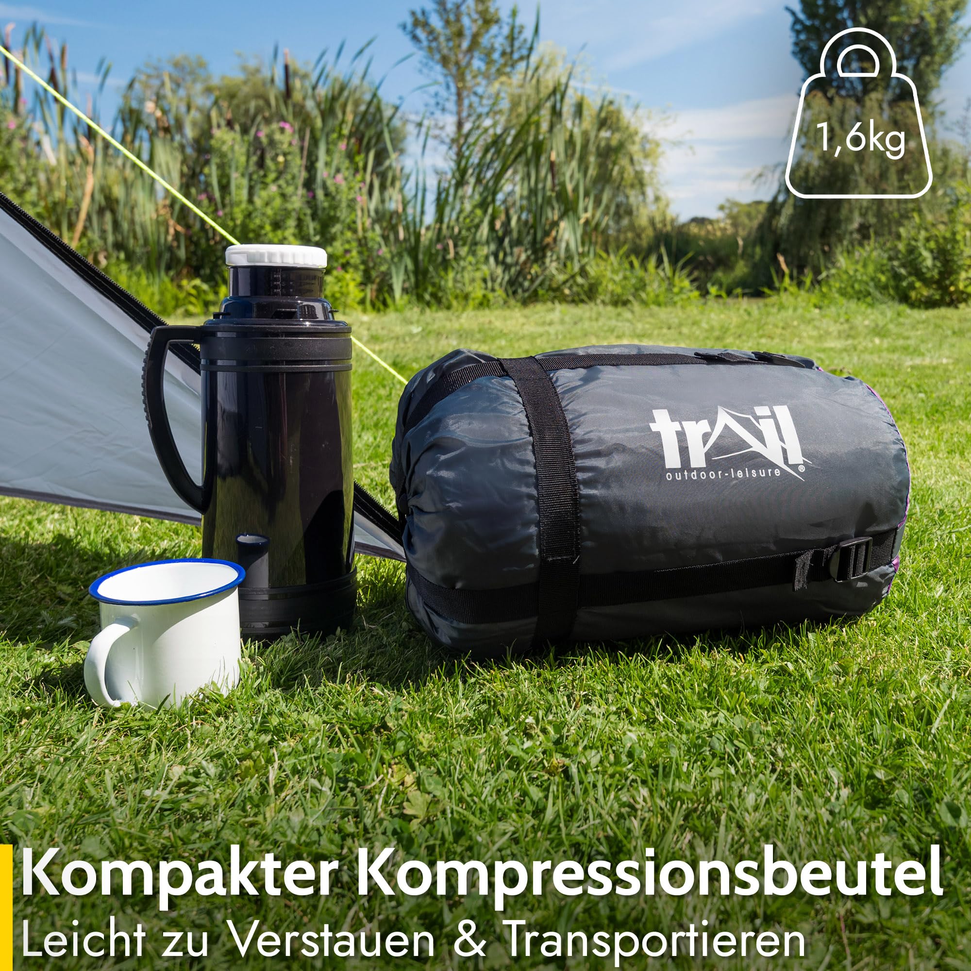 Trail 1-Personen Schlafsack für Erwachsene – Schlafsack 3 Jahreszeiten, Outdoor Frühling Herbst Winter – 300 GSM – für Camping im Freien – Innentaschen - Leichter Kompressionssack