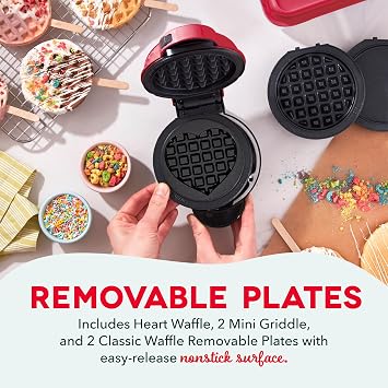 DASH Multimaker Mini System - Waffle Maker with Five 4 Removable Plates: Iron & Griddle, 3-in-1 Mini Waffle Maker for Kids and Families Nonstick Surface, Just Add Batter (Red) (Pack of 4)