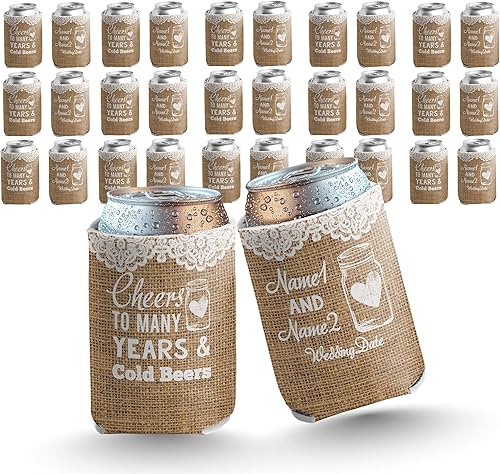 Miniatura 1 de VictoryStore Enfriador de latas de boda rústico personalizado saluda a muchos años y cervezas frías, juego de enfriadores de latas de boda (150)