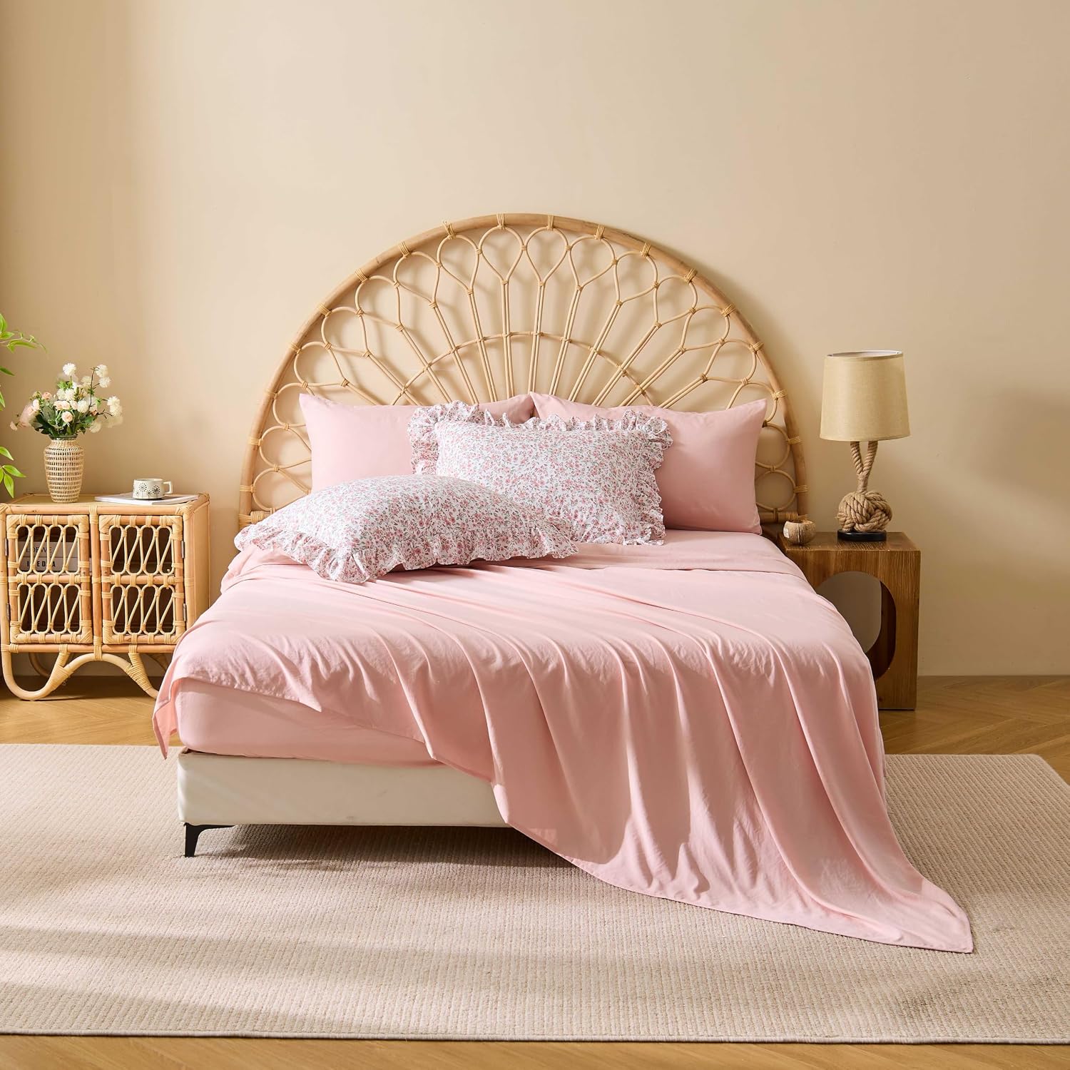 Queen Comforter Set 7 Pieces Floral Pink Ruffle Bedding Set